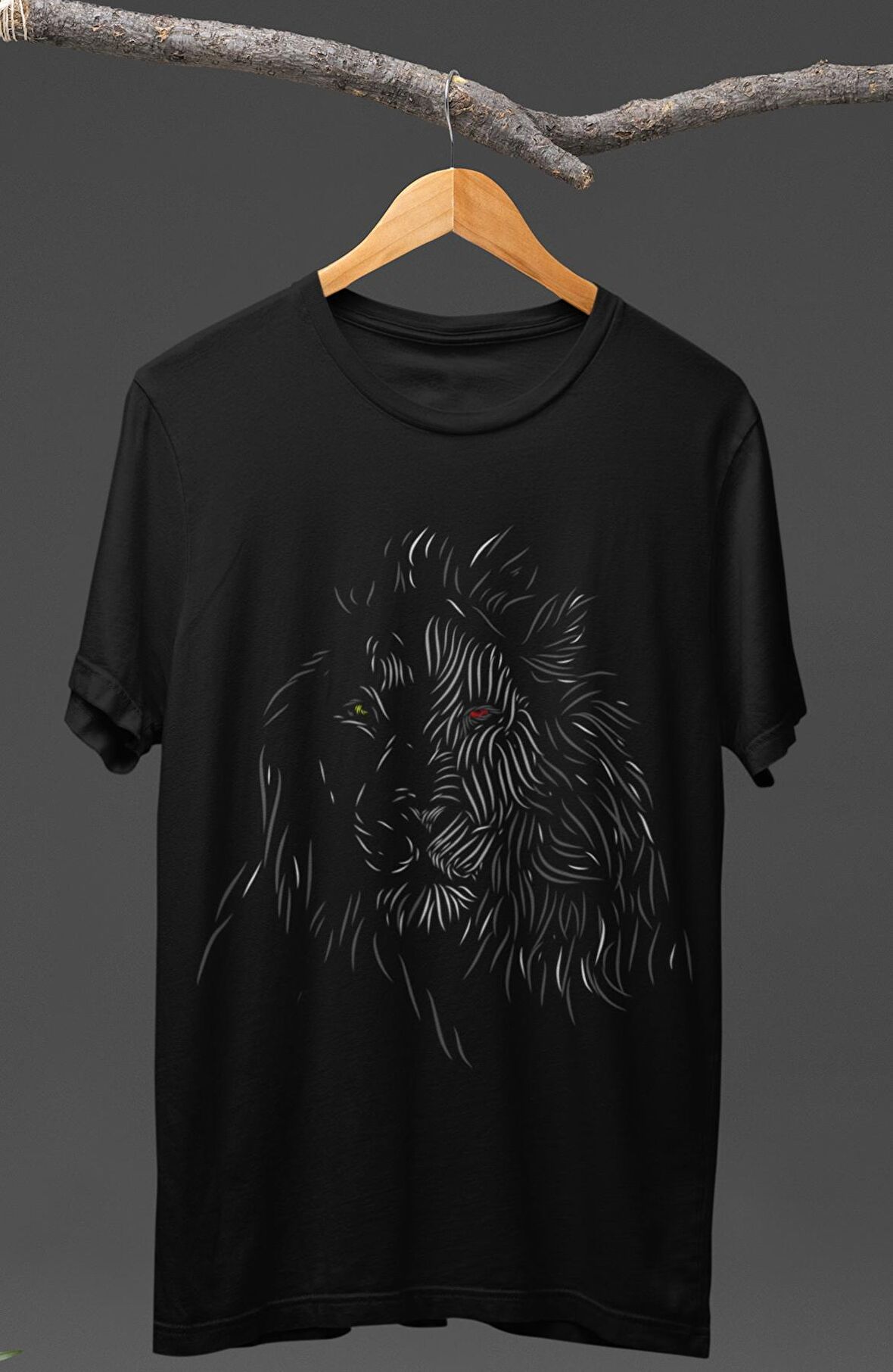Sarı-Kırmızı Göz Detaylı Aslan Baskılı Tişört, Unisex Şık Tasarımlı Aslan Baskılı T-Shirt
