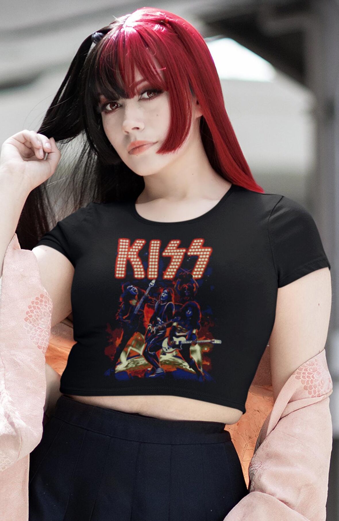 Kiss Baskılı Crop Top, Kadın Rock Temalı Crop Bluz