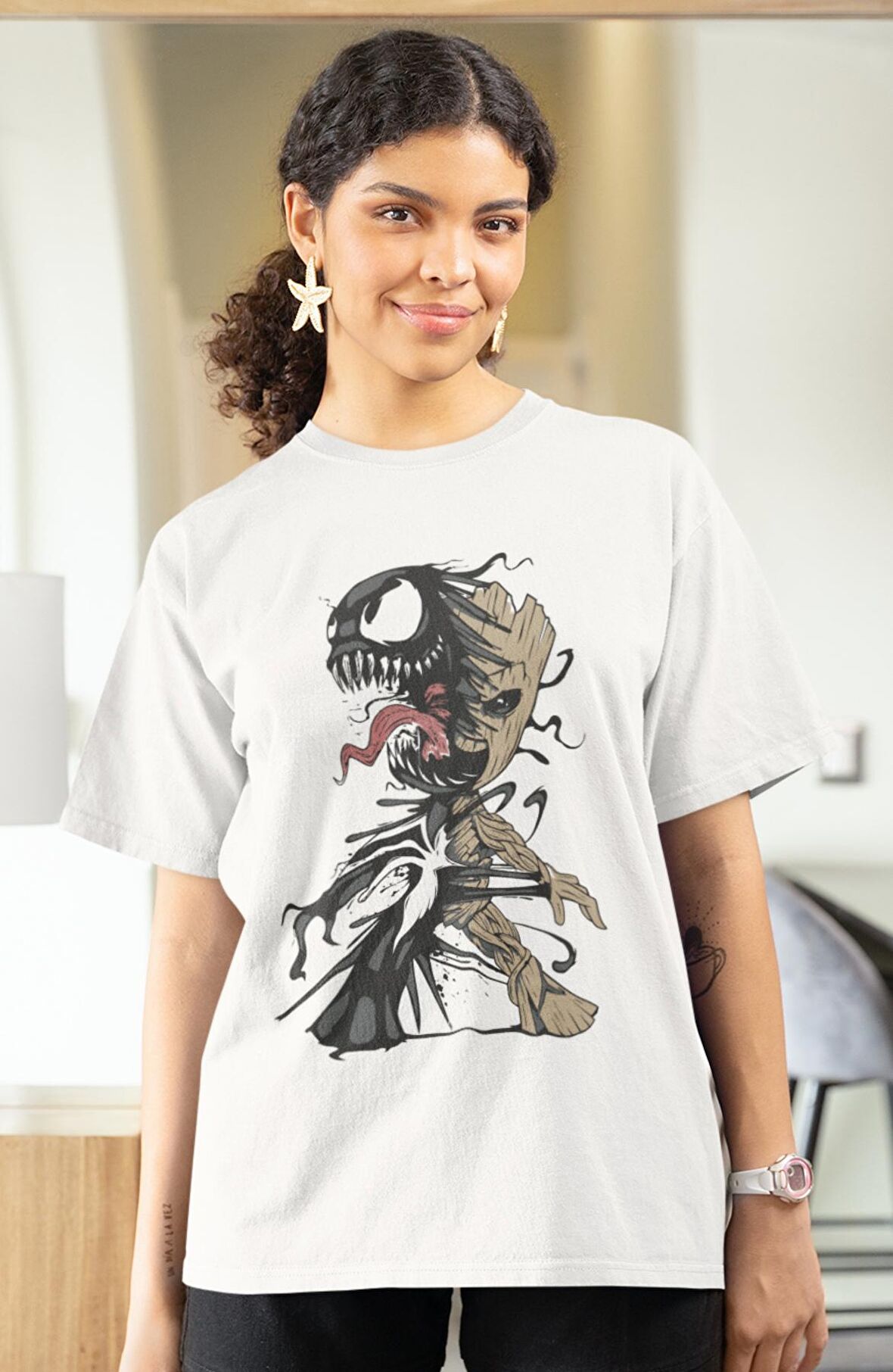 Venom And Groot Baskılı Tshirt, Unisex Marvel Film Baskılı Tişört