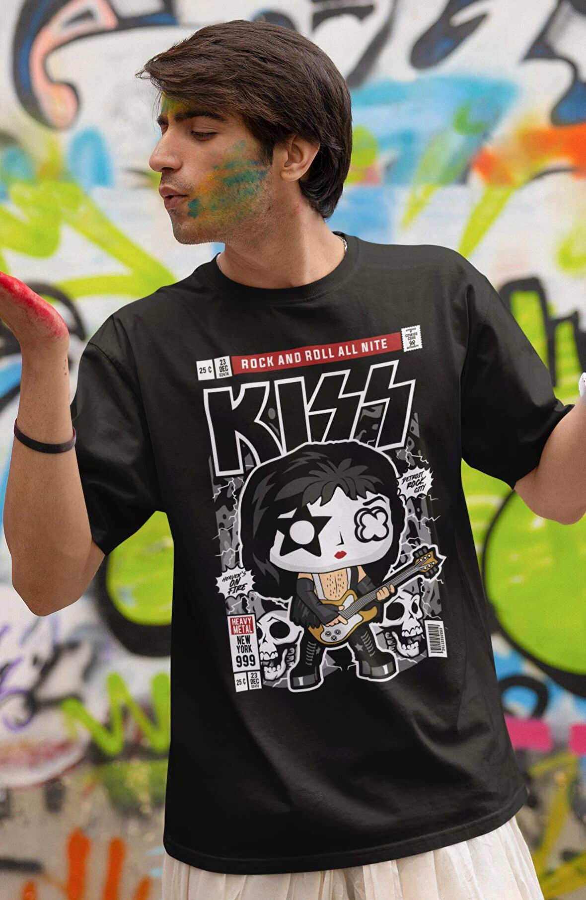 Minyatür Kiss Baskılı Tişört, Erkek-Kadın Rock Metal Baskılı T-Shirt