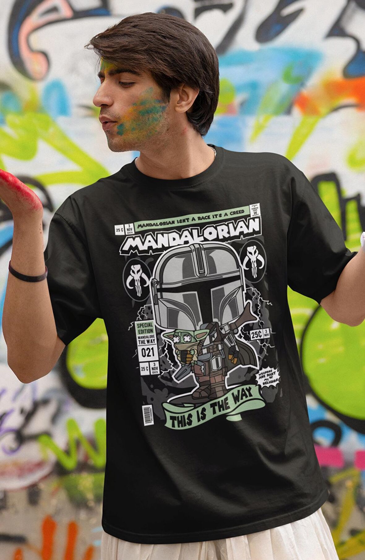 Minyatür Starwars Mandalorian Baskılı Tişört, Erkek-Kadın Star Wars Dizi Baskılı T-Shirt