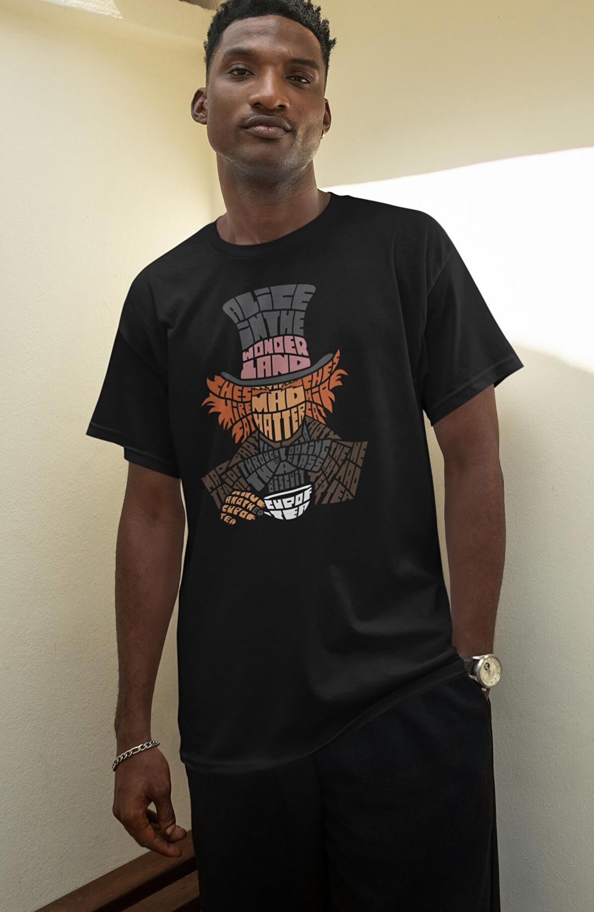 Kaligrafik Madhatter Baskılı Tişört, Erkek-Kadın Alice Baskılı T-Shirt