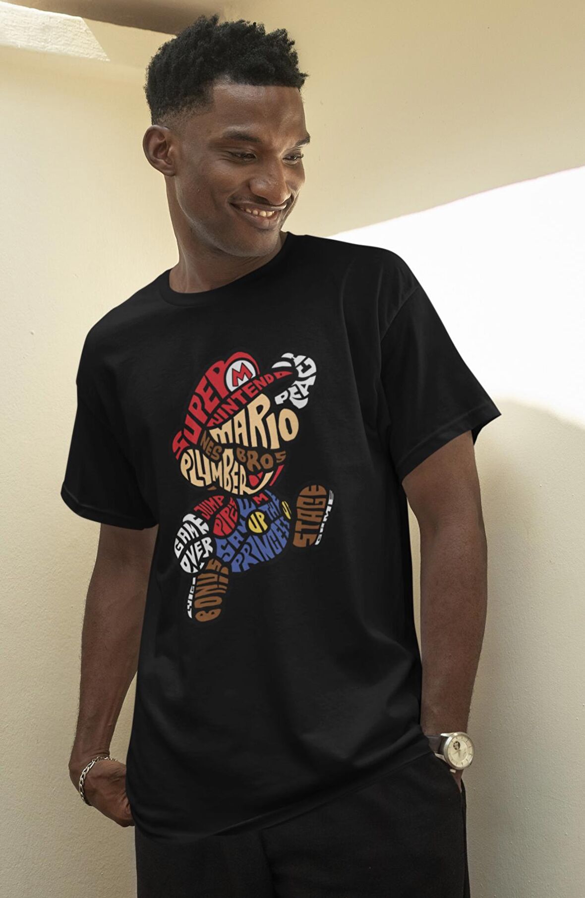 Kaligrafik Süper Mario Baskılı Tişört, Erkek-Kadın Mario Baskılı T-Shirt
