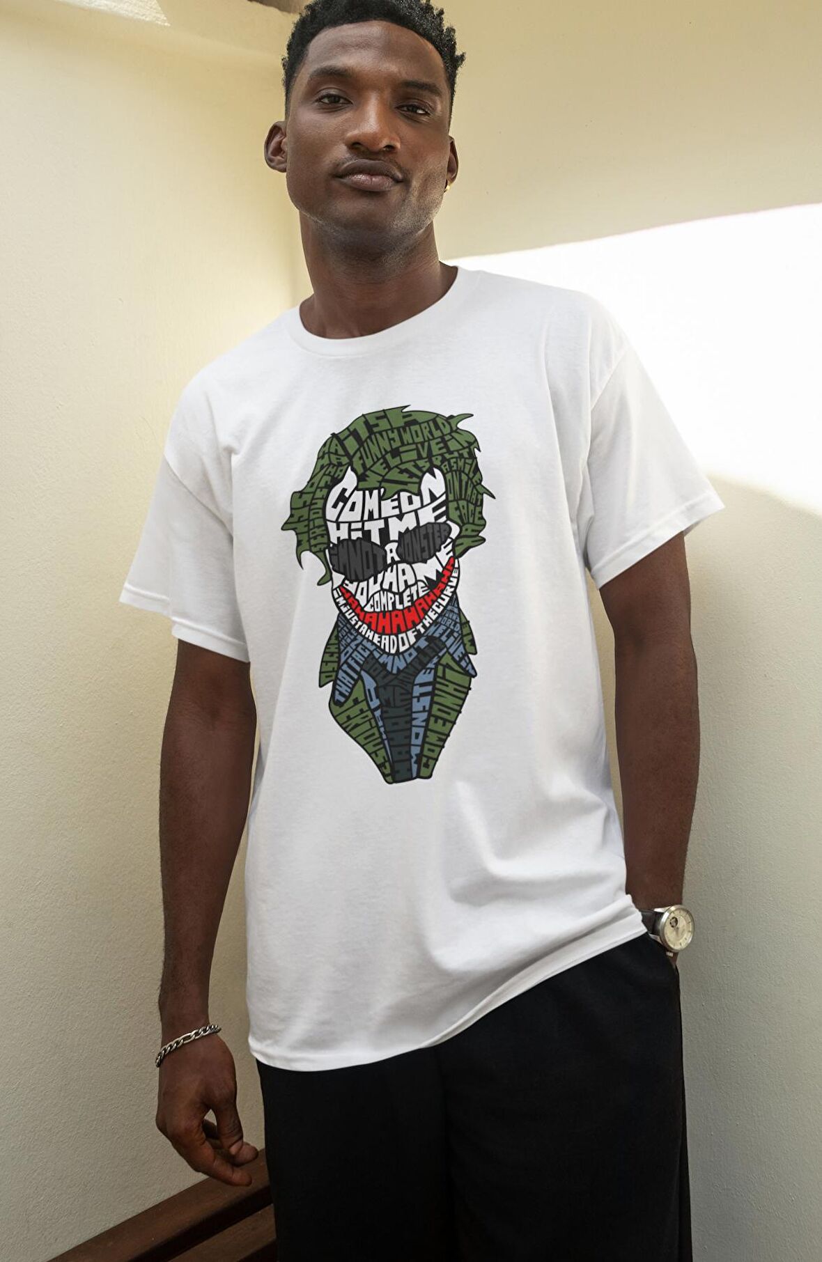 Kaligrafik Joker Face Baskılı Tişört, Erkek-Kadın Joker Baskılı T-Shirt