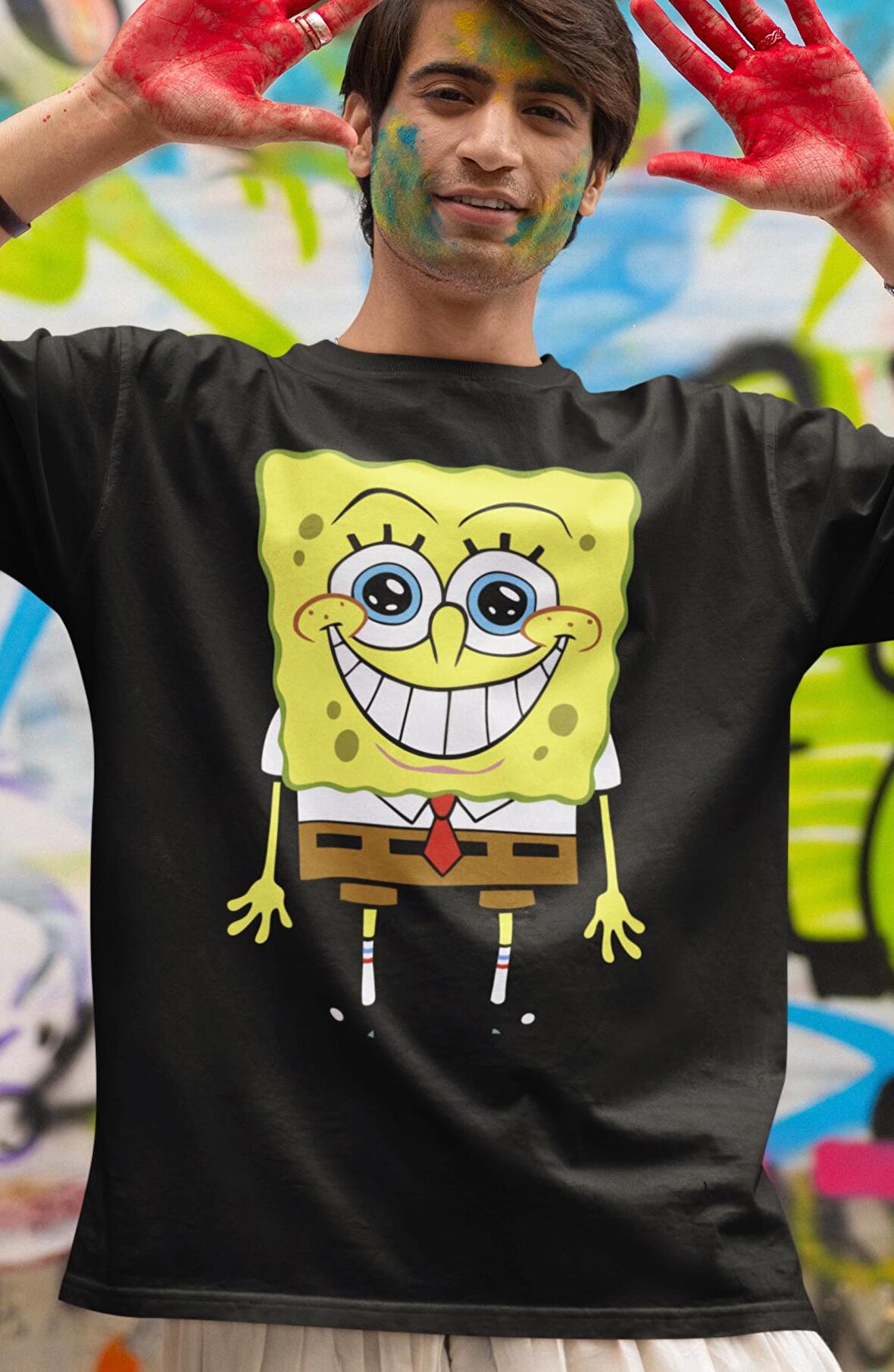 Kravatlı Sünger Bob Baskılı Tişört, Erkek-Kadın Sponge Bob Baskılı T-Shirt