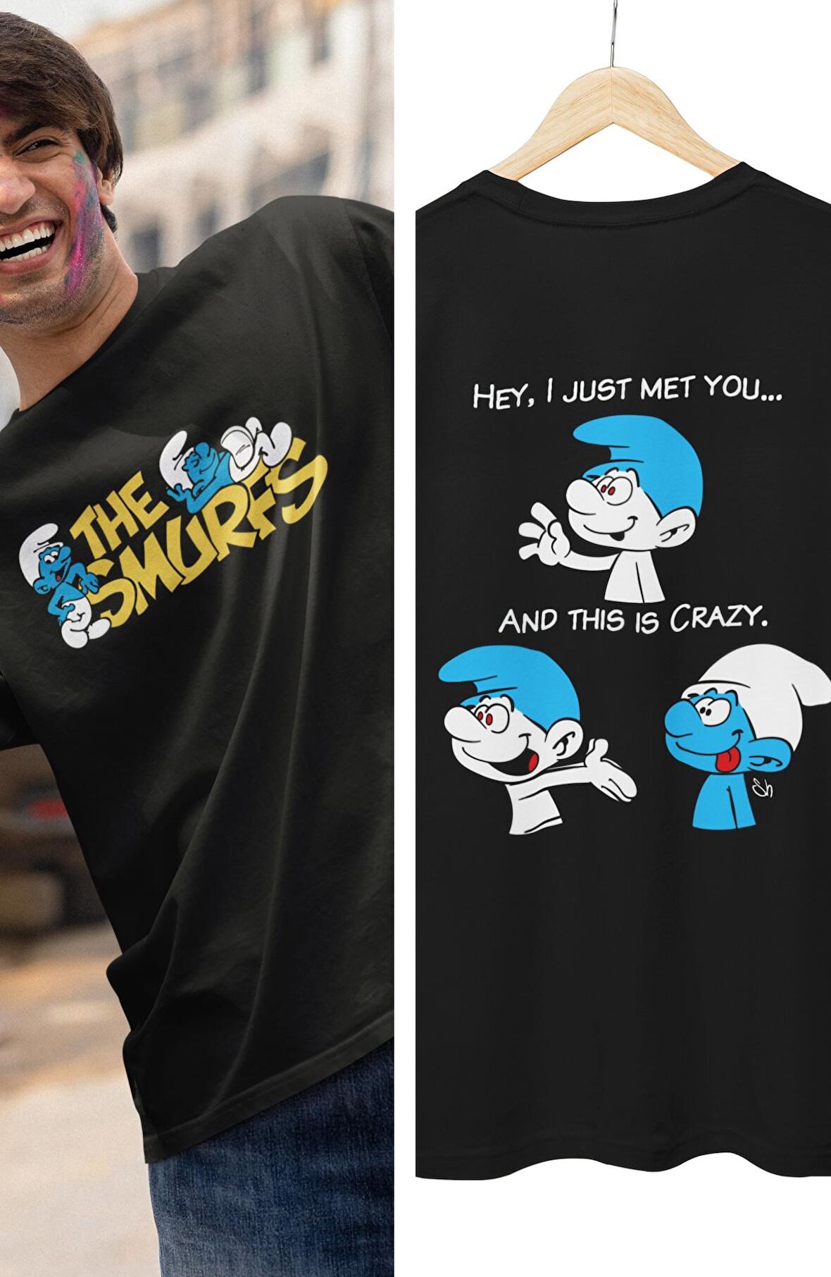 Şirinler Sırt Baskılı Tişört, Erkek-Kadın Sevimli The Smurfs Baskılı Tshirt