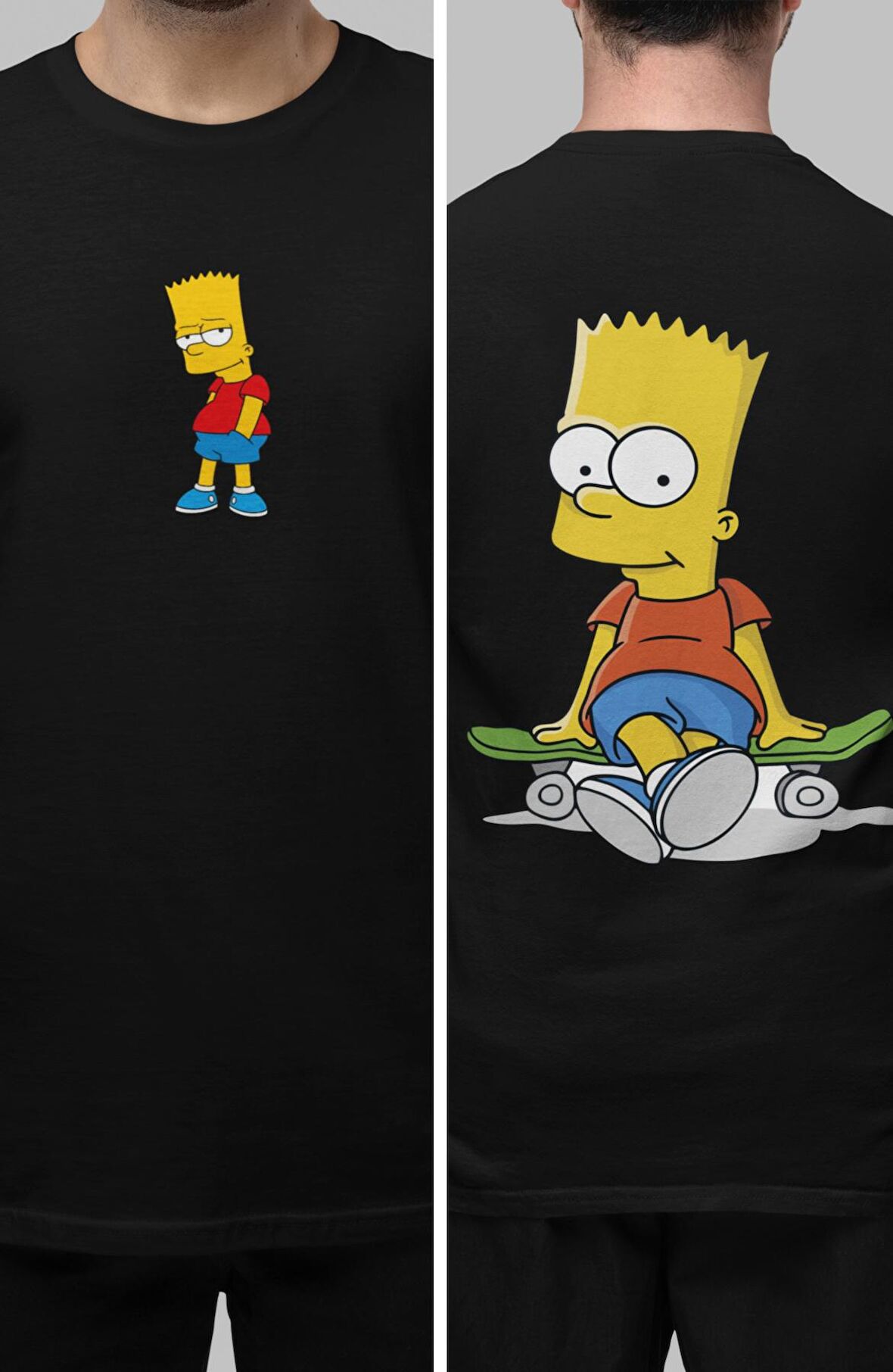 Unisex Kaykayda Oturan Bart Simpson Sırt Baskılı Tişört, Simpsonslar Sırt Baskılı T-shirt