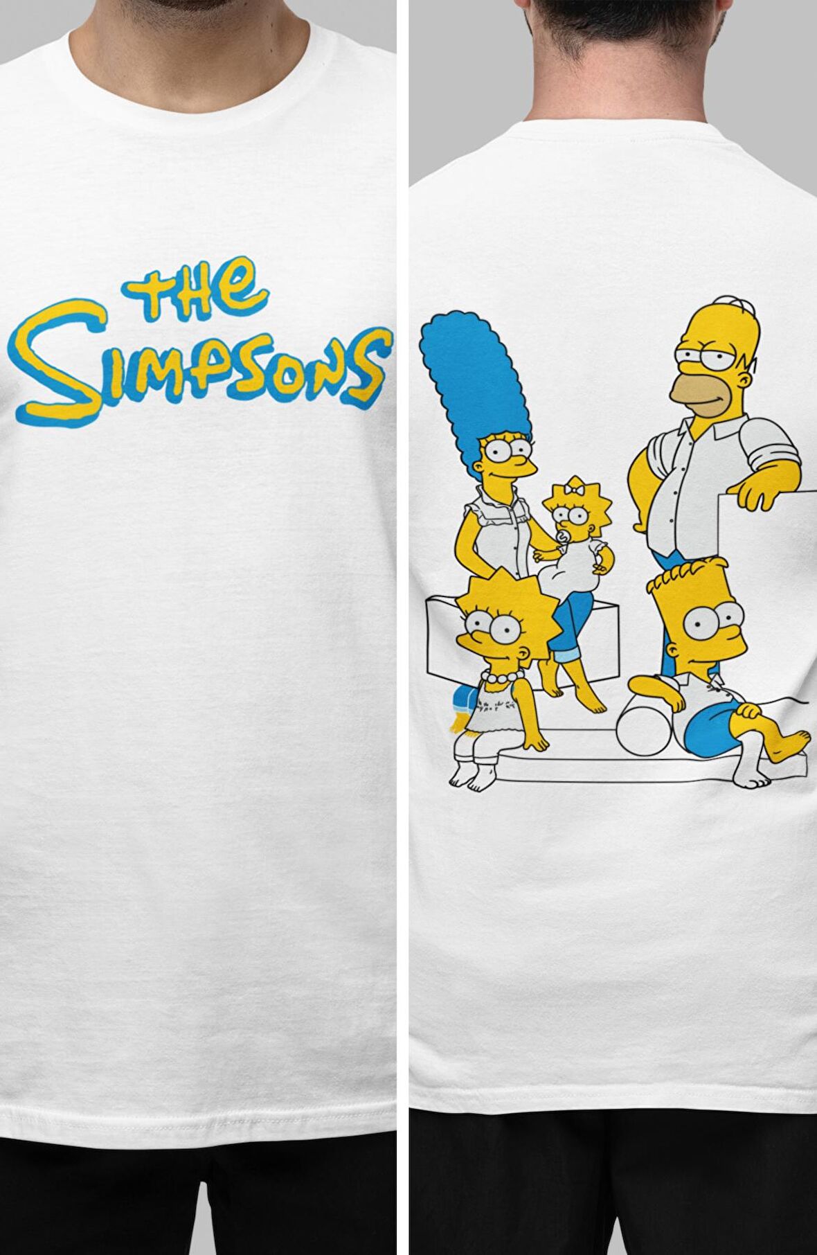 Unisex Simpson Aile Sırt Baskılı Tişört, Simpsonlar Sırt Baskılı T-shirt