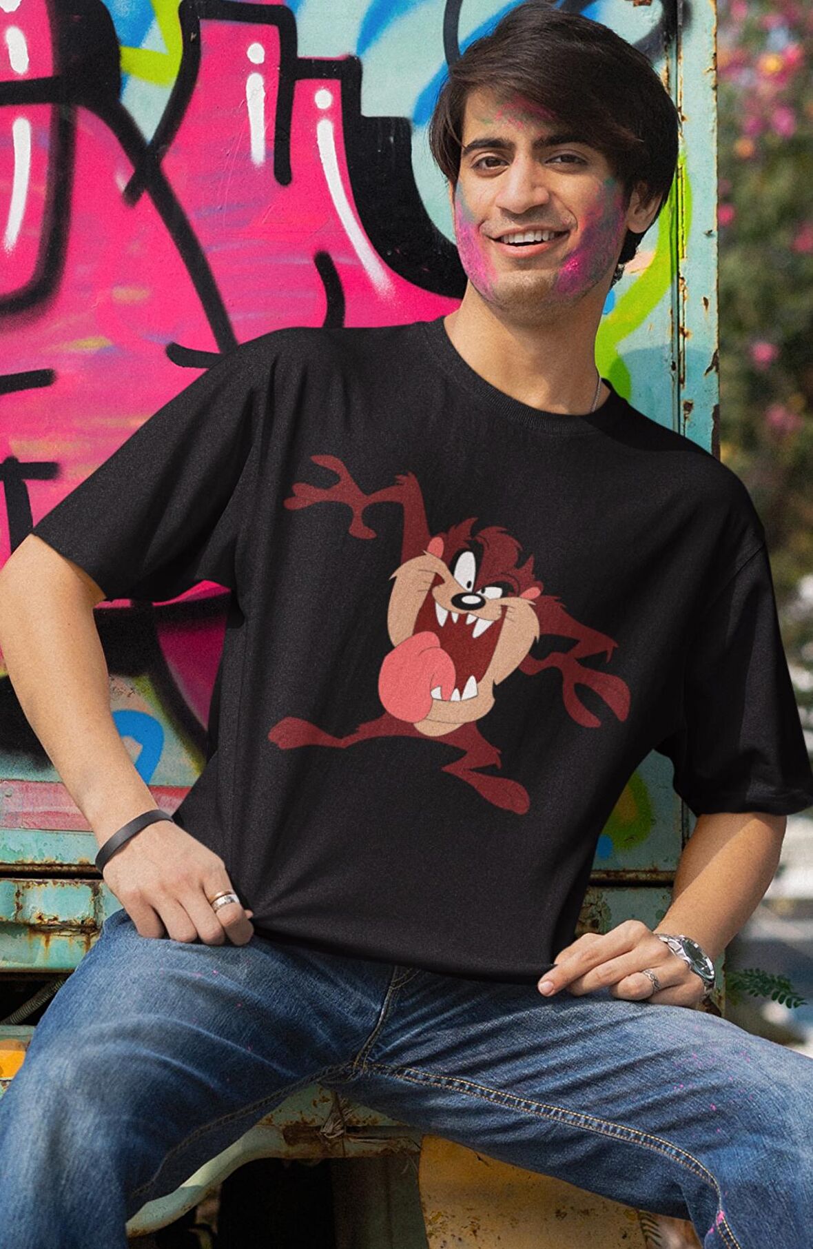 Sevimli Tazmanya Canavarı Baskılı Tişört, Erkek-Kadın Çizgi Film Karakteri Baskılı Çift T-shirt