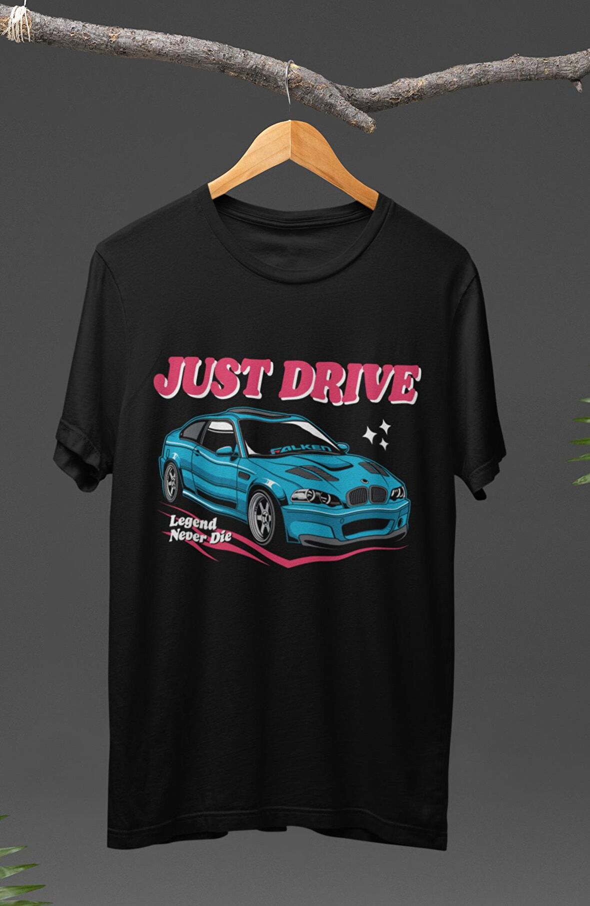 Unisex Just Drive BMW E46 Baskılı T-shirt, Araba Yarış Temalı Baskılı Tişört