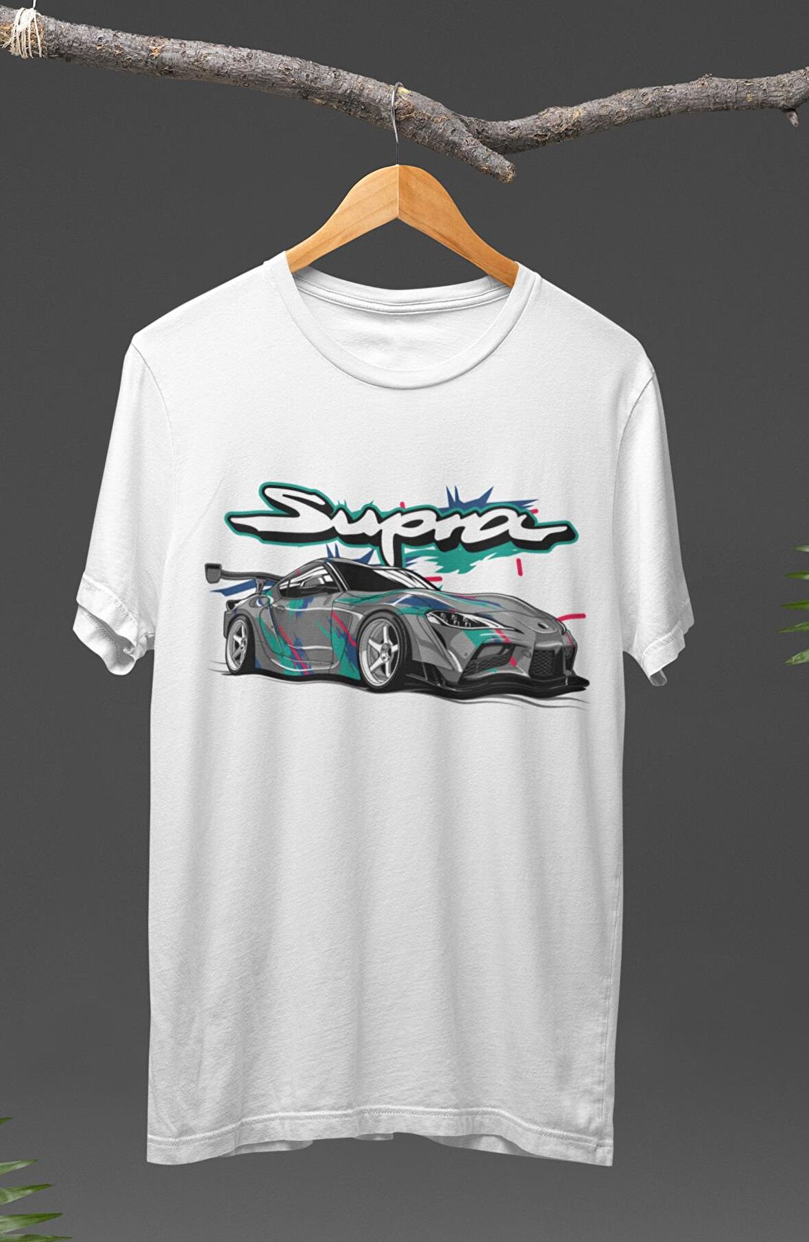Unisex Renkli Toyota Supra Baskılı T-shirt, Araba Yarış Temalı Baskılı Tişört