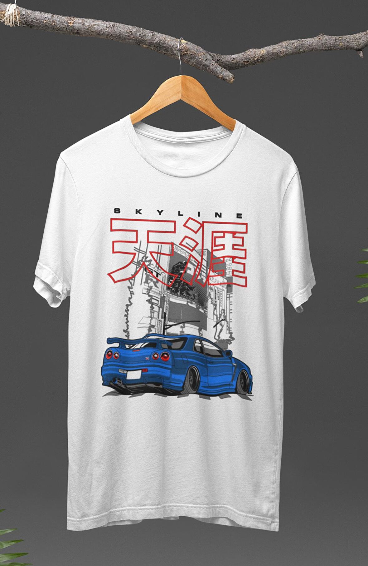 Unisex Street Mavi Nissan Skyline GT-R R34 Baskılı T-shirt, Araba Yarış Temalı Baskılı Tişört