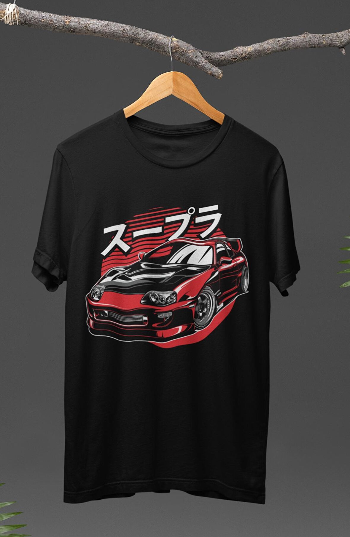 Unisex Red Black Supra Baskılı T-shirt, Araba Yarış Temalı Baskılı Tişört