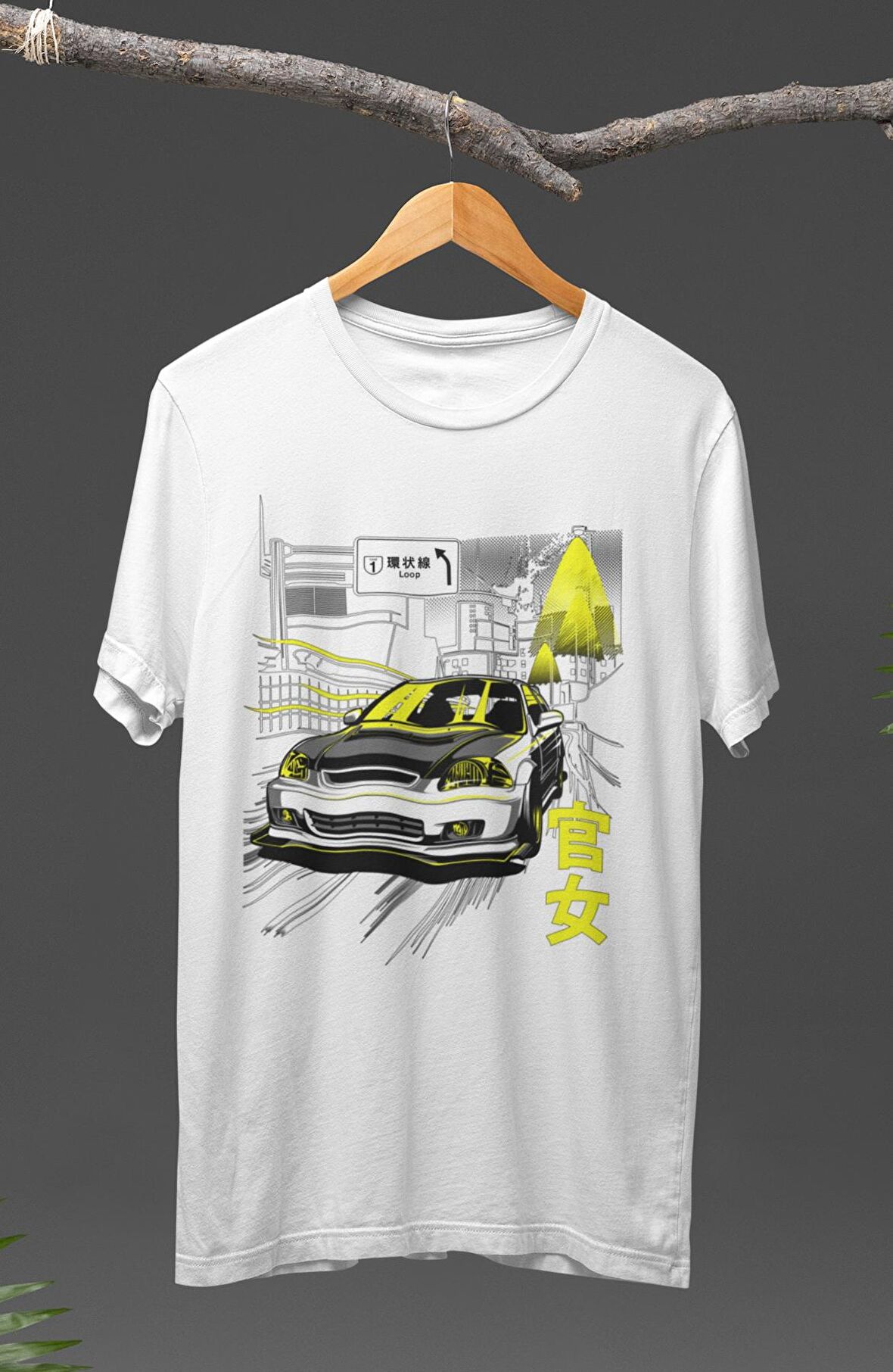 Unisex Honda Civic Car Baskılı T-shirt, Araba Yarış Temalı Baskılı Tişört