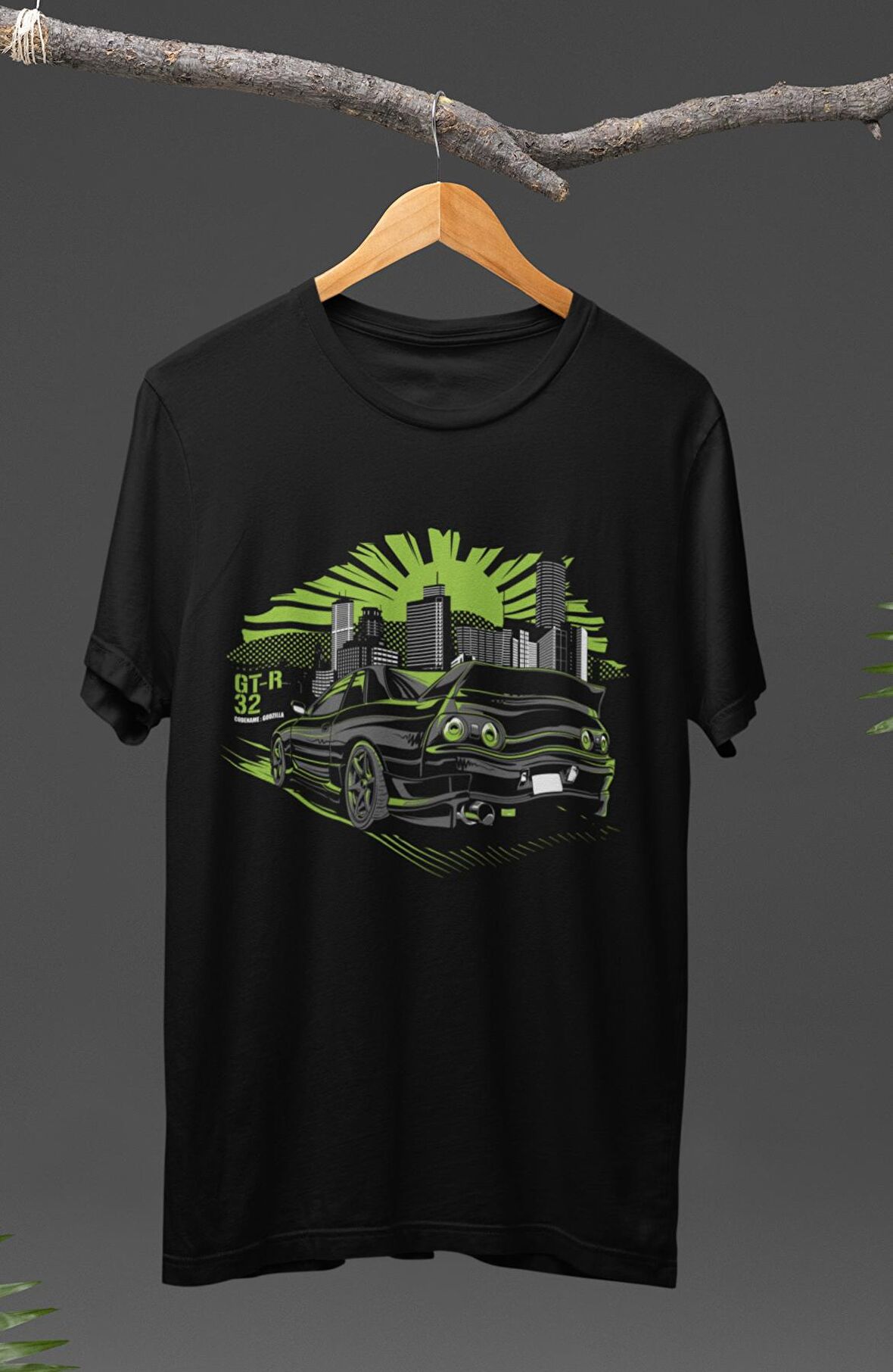 Unisex Grey Car Skyline GT-R 32 Baskılı T-shirt, Araba Yarış Temalı Baskılı Tişört