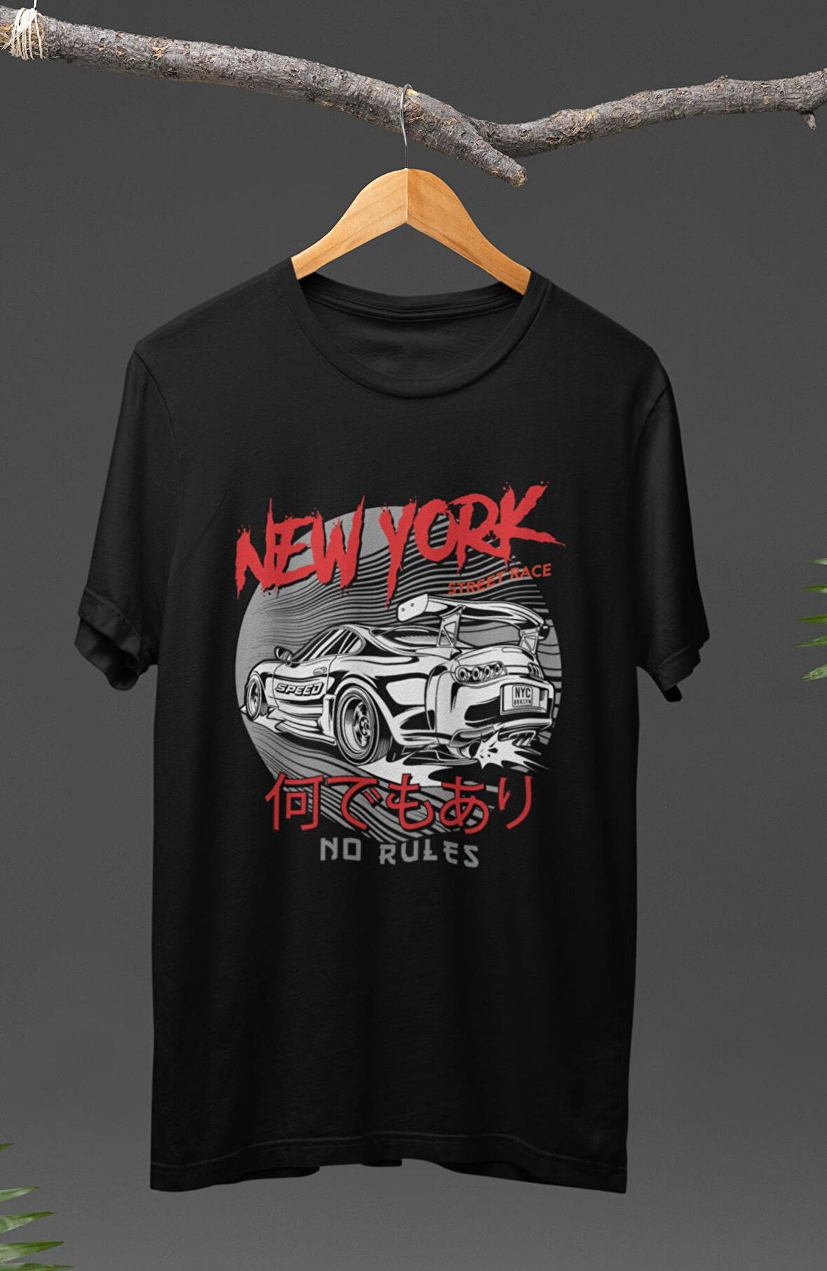 Unisex New York Street Race Supra Baskılı T-shirt, Araba Yarış Temalı Baskılı Tişört