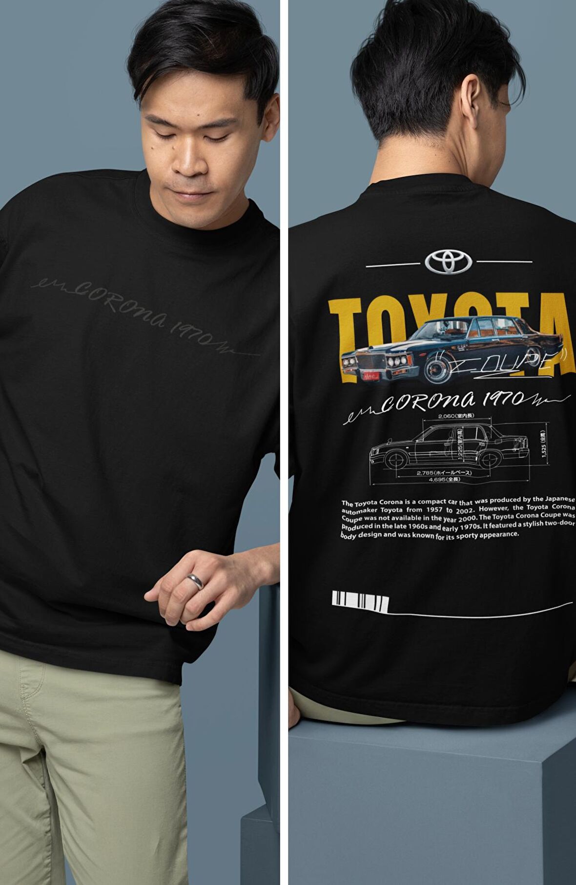 Oversize Toyota Corona 1970 Sırt Baskılı Tişört, Erkek-Kadın Araba Temalı Couple T-shirt