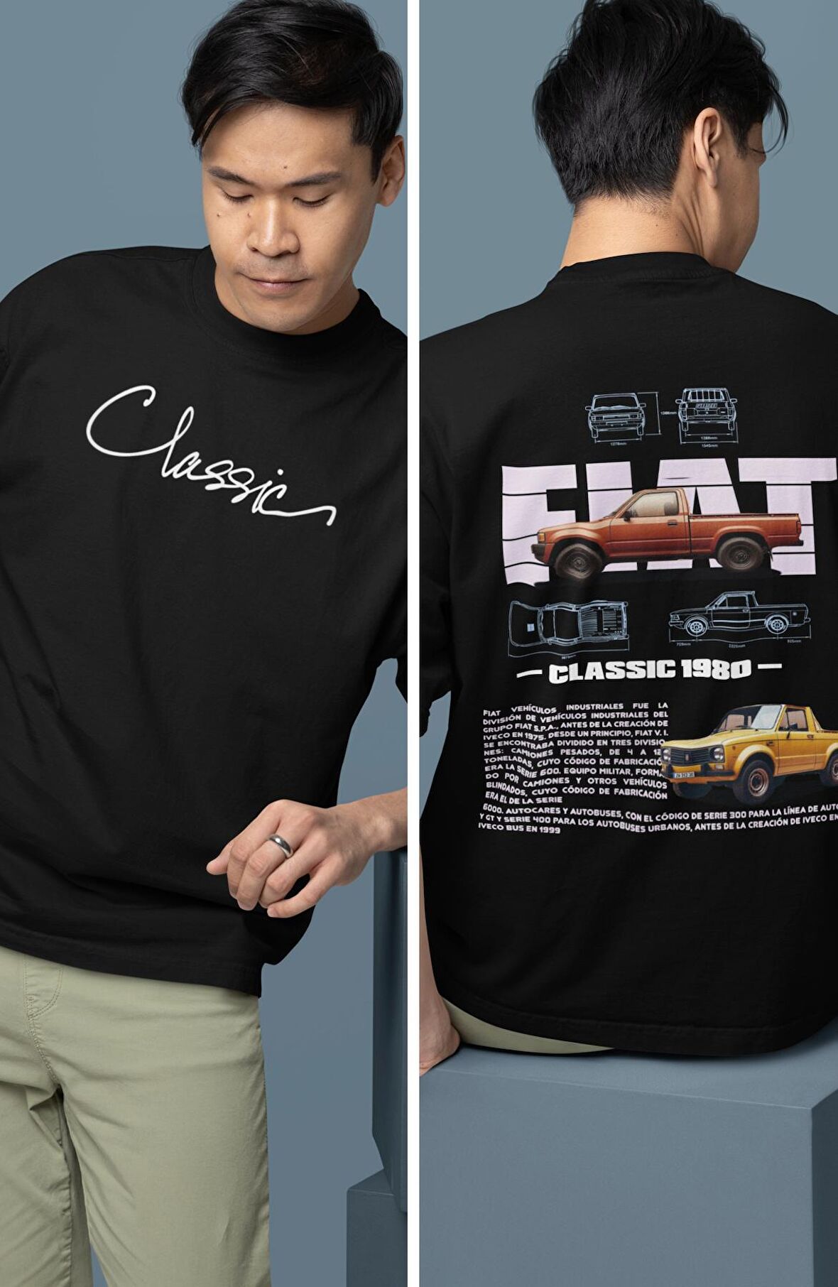 Oversize Fiat Classic Sırt Baskılı Tişört, Erkek-Kadın Araba Temalı Couple T-shirt