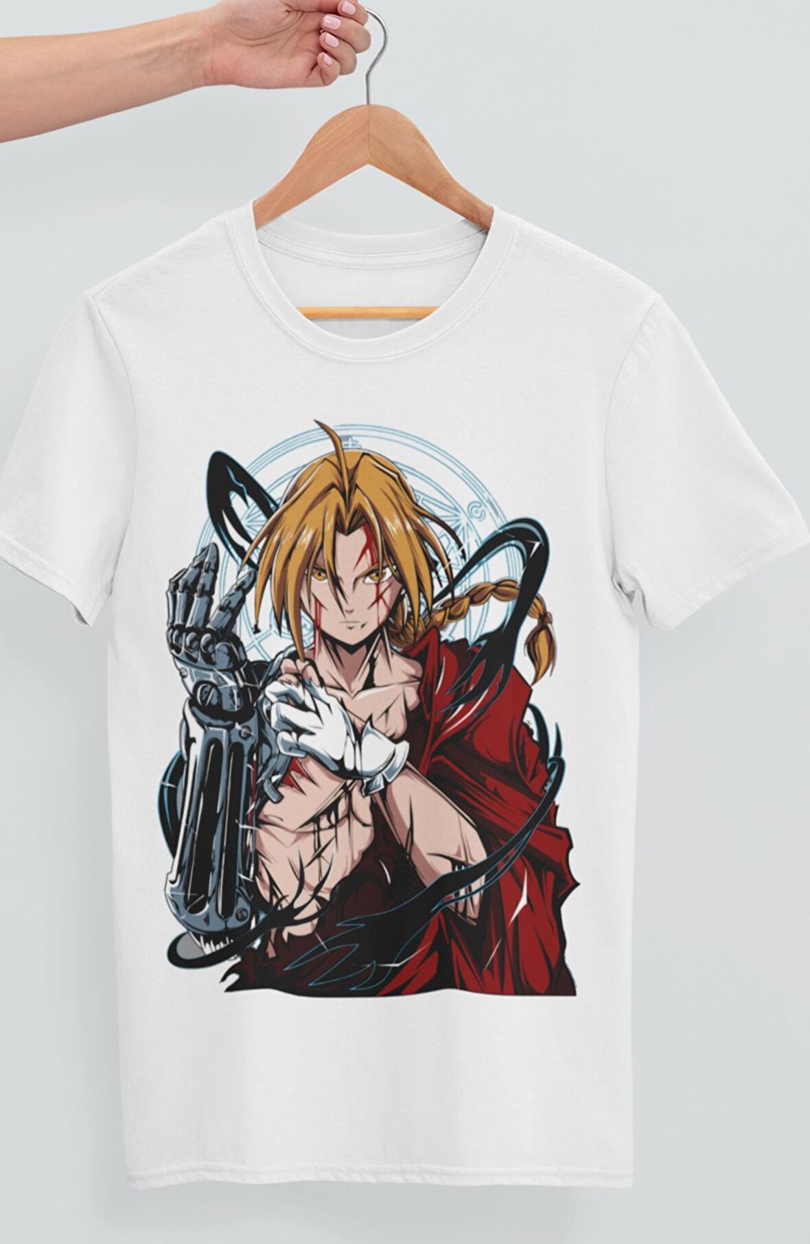 Oversize Fullmetal Alchemist Edward Elric Baskılı T-shirt, Unisex Anime Baskılı Tişört