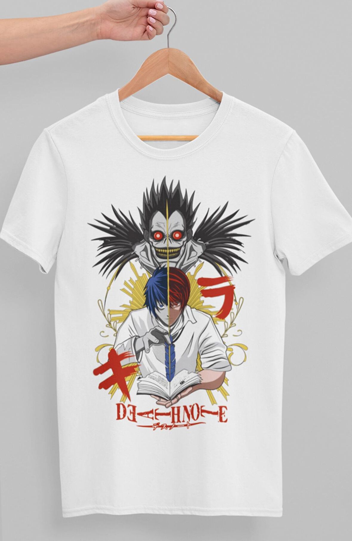 Oversize Death Note Ryuk VE Yagami Light-L Baskılı T-shirt, Unisex Anime Baskılı Tişört