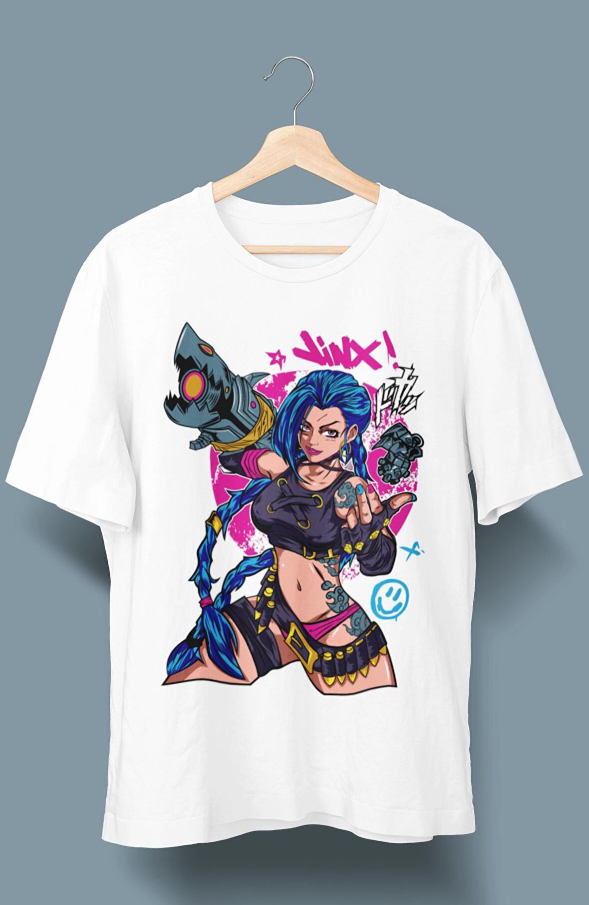 Oversize League Of Legends Jinx Baskılı T-shirt, Unisex Anime Baskılı Tişört