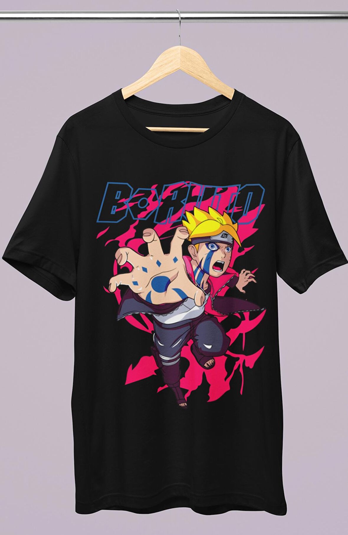Oversize Baruto Baskılı T-shirt, Unisex Anime Baskılı Tişört