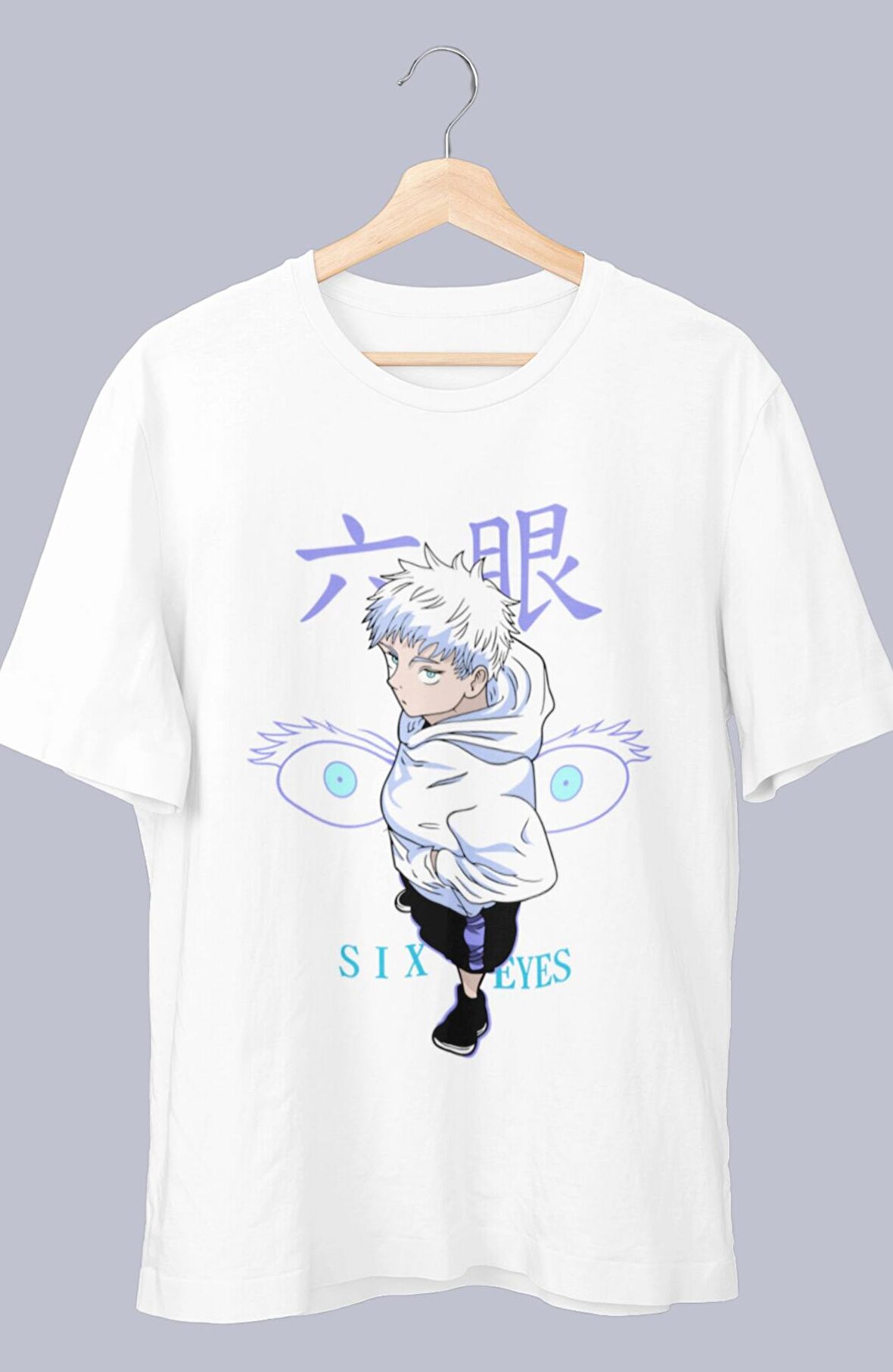 Oversize Jujutse Kaisen Six Eyes Gojo Baskılı T-shirt, Unisex Anime Baskılı Tişört