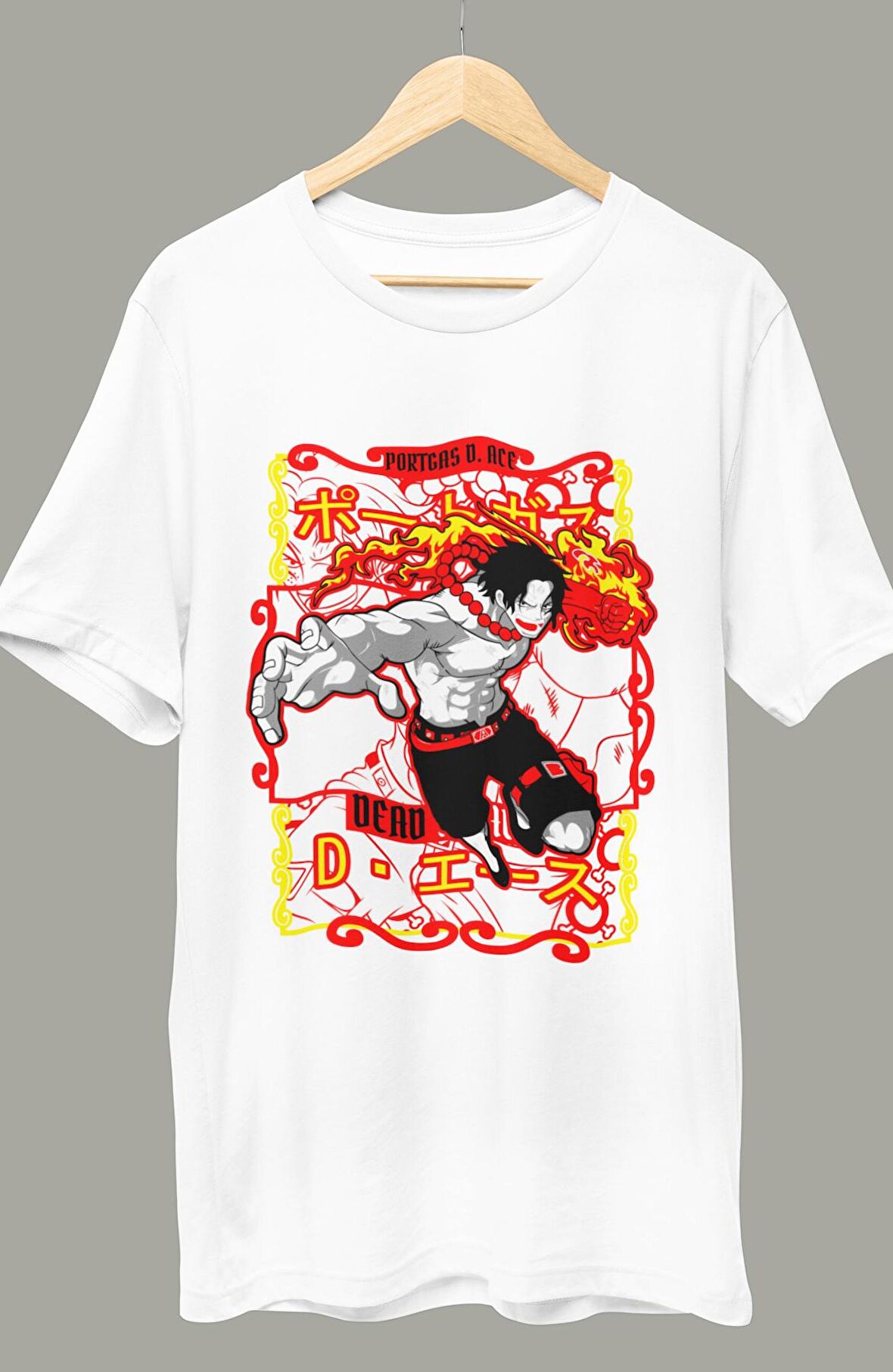 Oversize Portgas D. Ace Baskılı T-shirt, Unisex Anime Baskılı Tişört