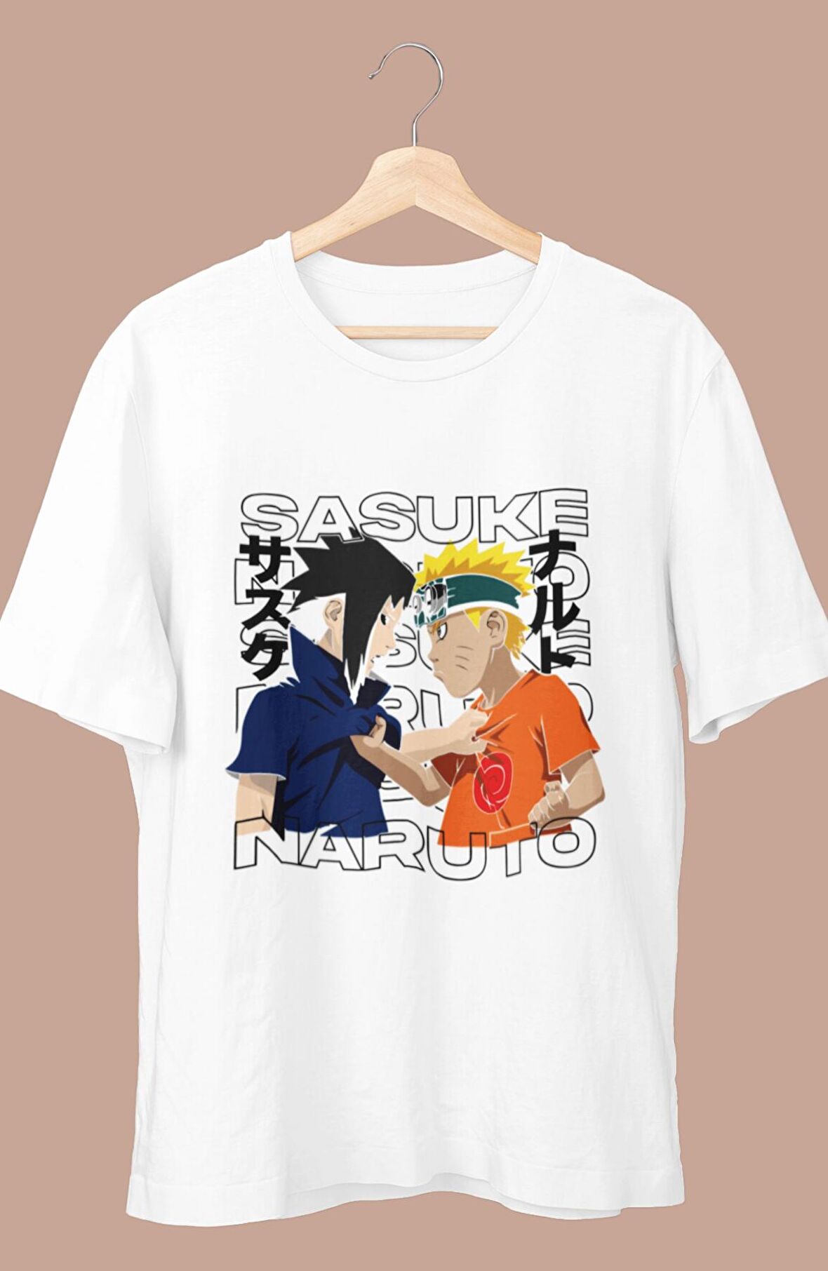 Oversize Naruto And Sasuke Baskılı T-shirt, Unisex Anime Baskılı Tişört
