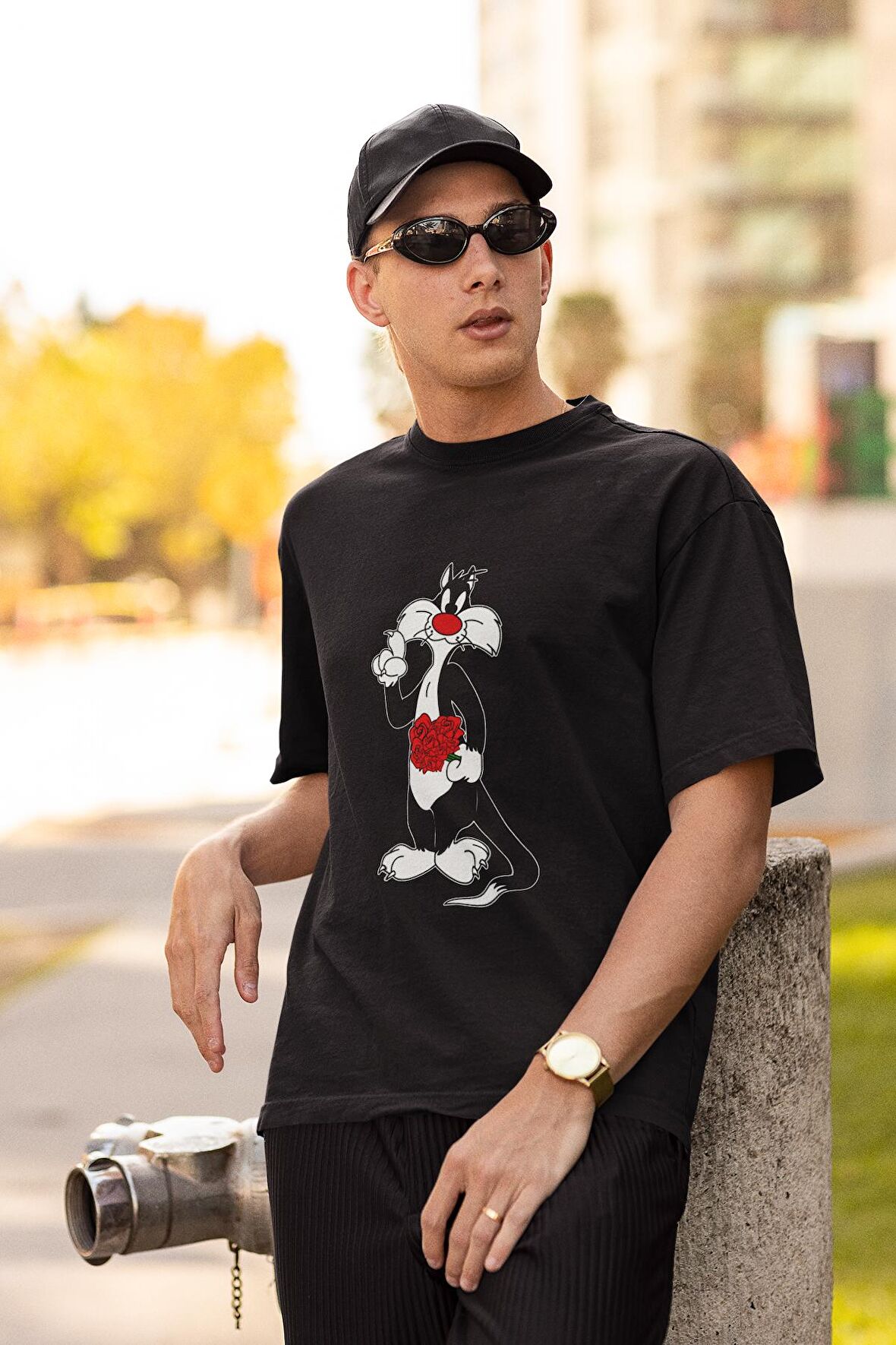 Oversize Sylvester Baskılı Çift Tişört, Unisex Çizgi Film Karakter Baskılı T-Shirt