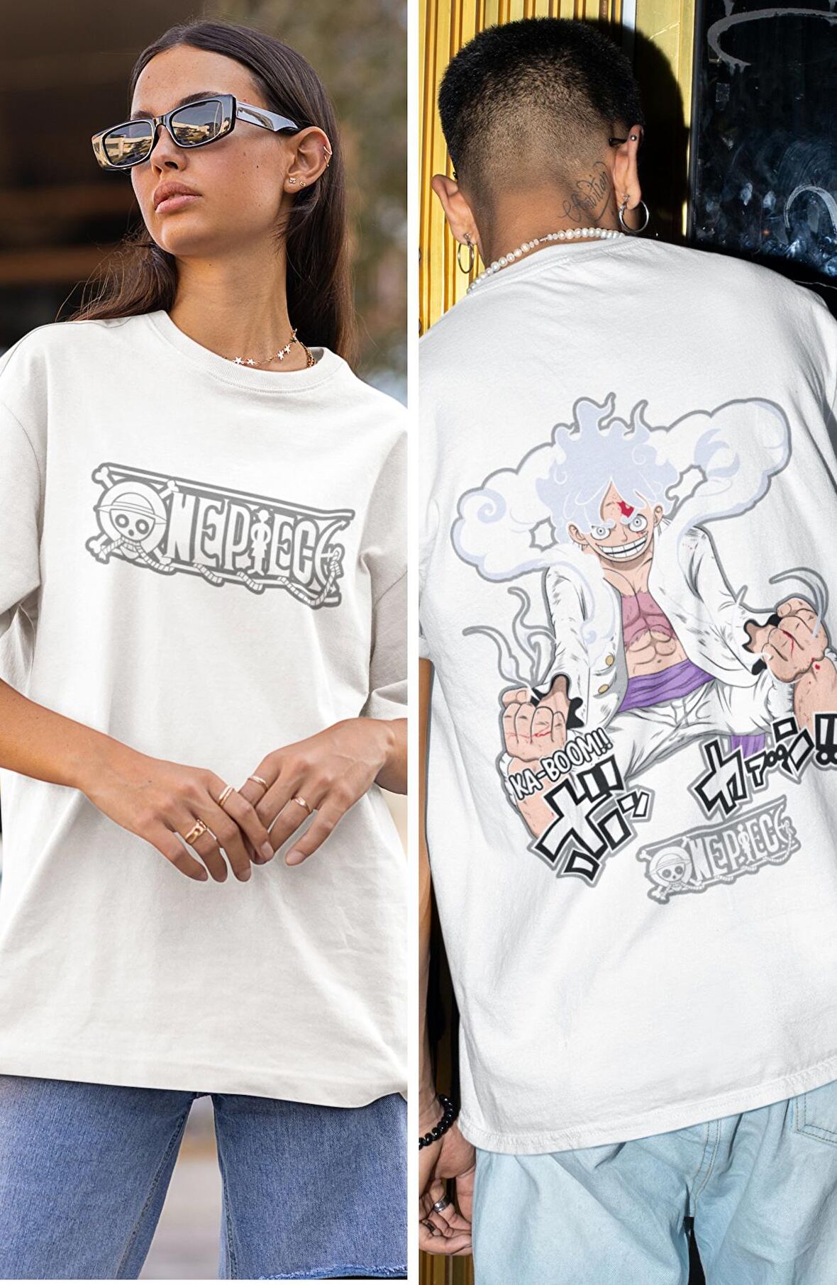 Unisex Sırt Baskılı Luffy Tişört, Oversize One Piece Anime T-Shirt