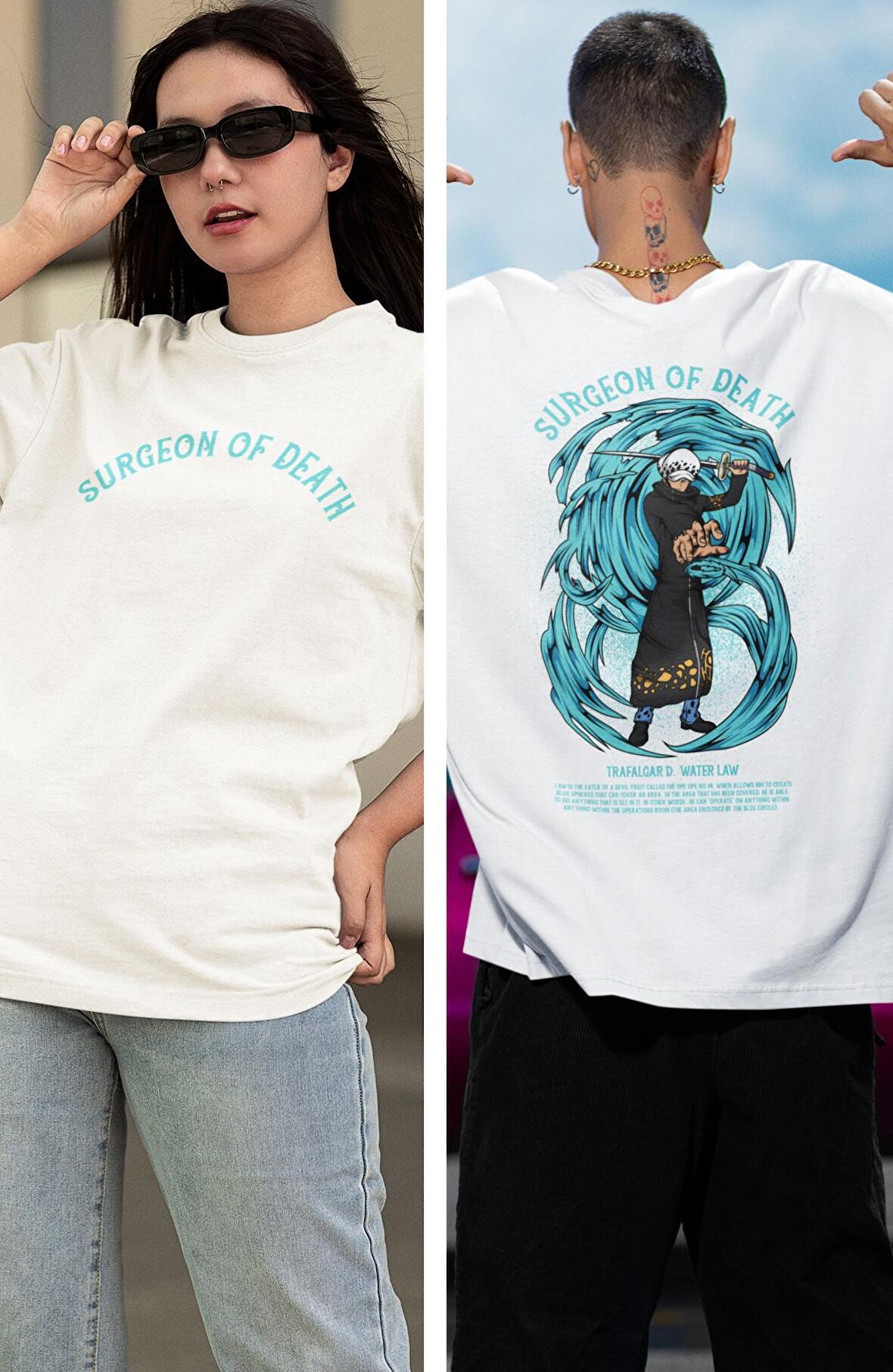 Oversize One Piece Trafalgar Water Law Sırt Baskılı T-shirt, Unisex Anime Baskılı Tişört
