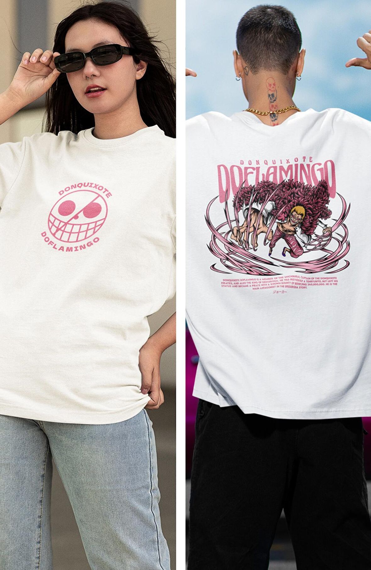 Oversize One Piece Doflamingo Sırt Baskılı T-shirt, Unisex Anime Baskılı Tişört