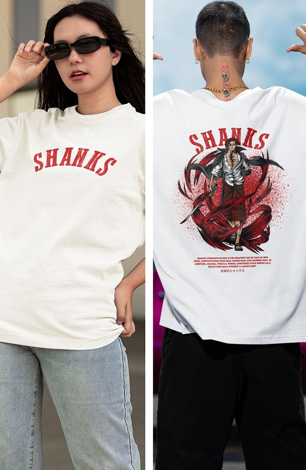 Oversize One Piece Shanks Sırt Baskılı T-shirt, Unisex Anime Baskılı Tişört
