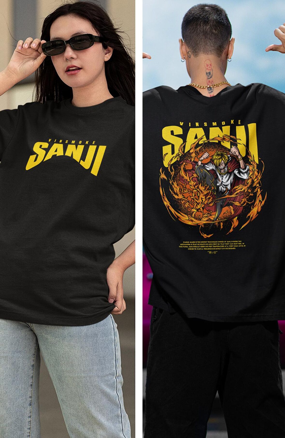 Oversize One Piece Sanji Sırt Baskılı T-shirt, Unisex Anime Baskılı Tişört