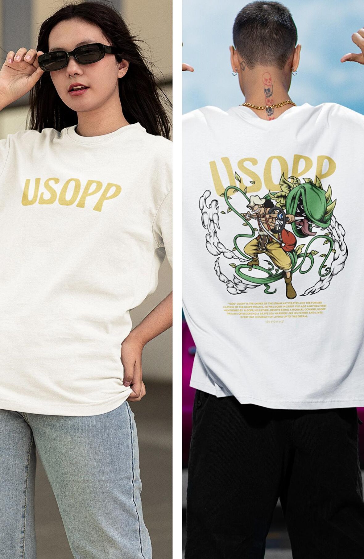 Oversize One Piece Usopp Sırt Baskılı T-shirt, Unisex Anime Baskılı Tişört