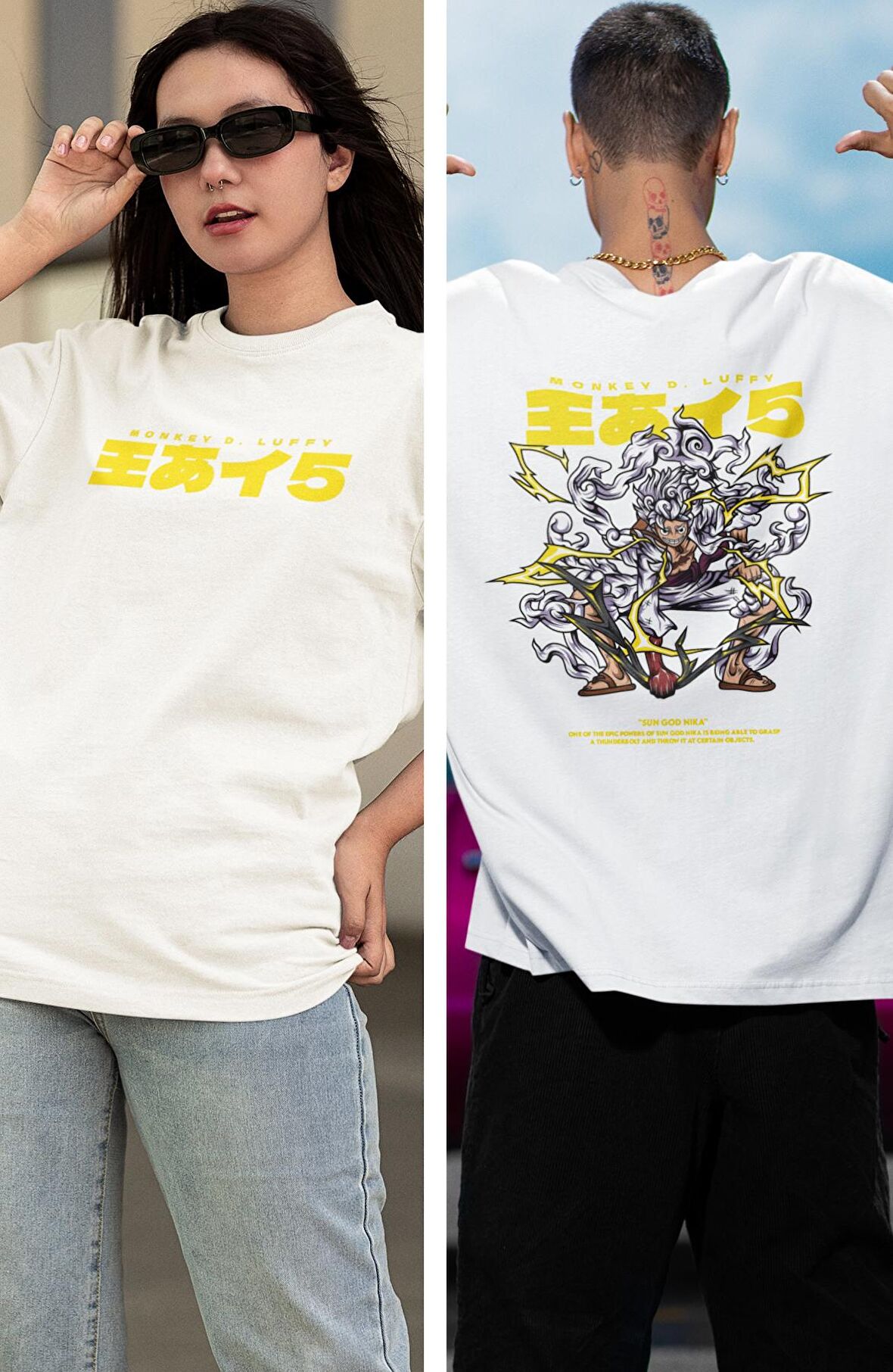Oversize One Piece Luffy Nika Gear Five Ex2 Sırt Baskılı T-shirt, Unisex Anime Baskılı Tişört