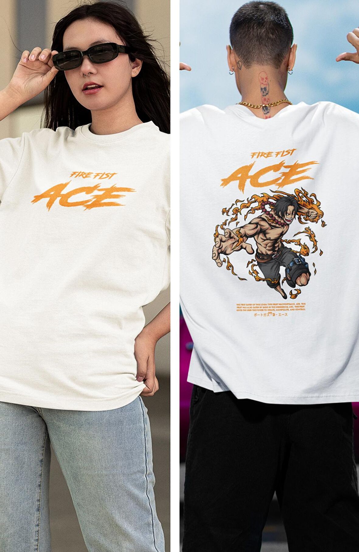 Oversize One Piece Fire Fist Ace Sırt Baskılı T-shirt, Unisex Anime Baskılı Tişört
