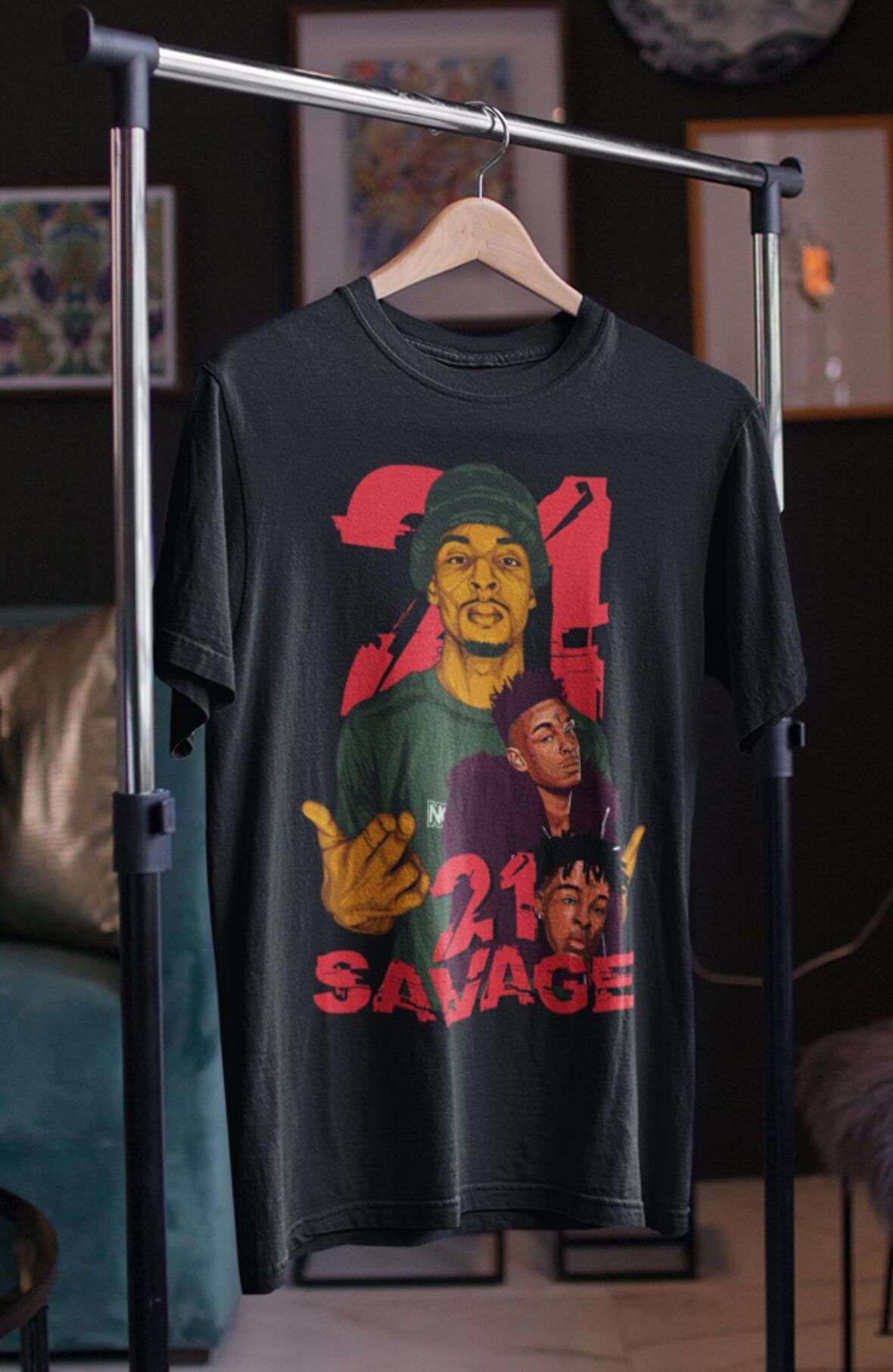 Unisex Savage Twenty One Baskılı T-shirt, Oversize 21Savage Rapçiler Serisi Tişört