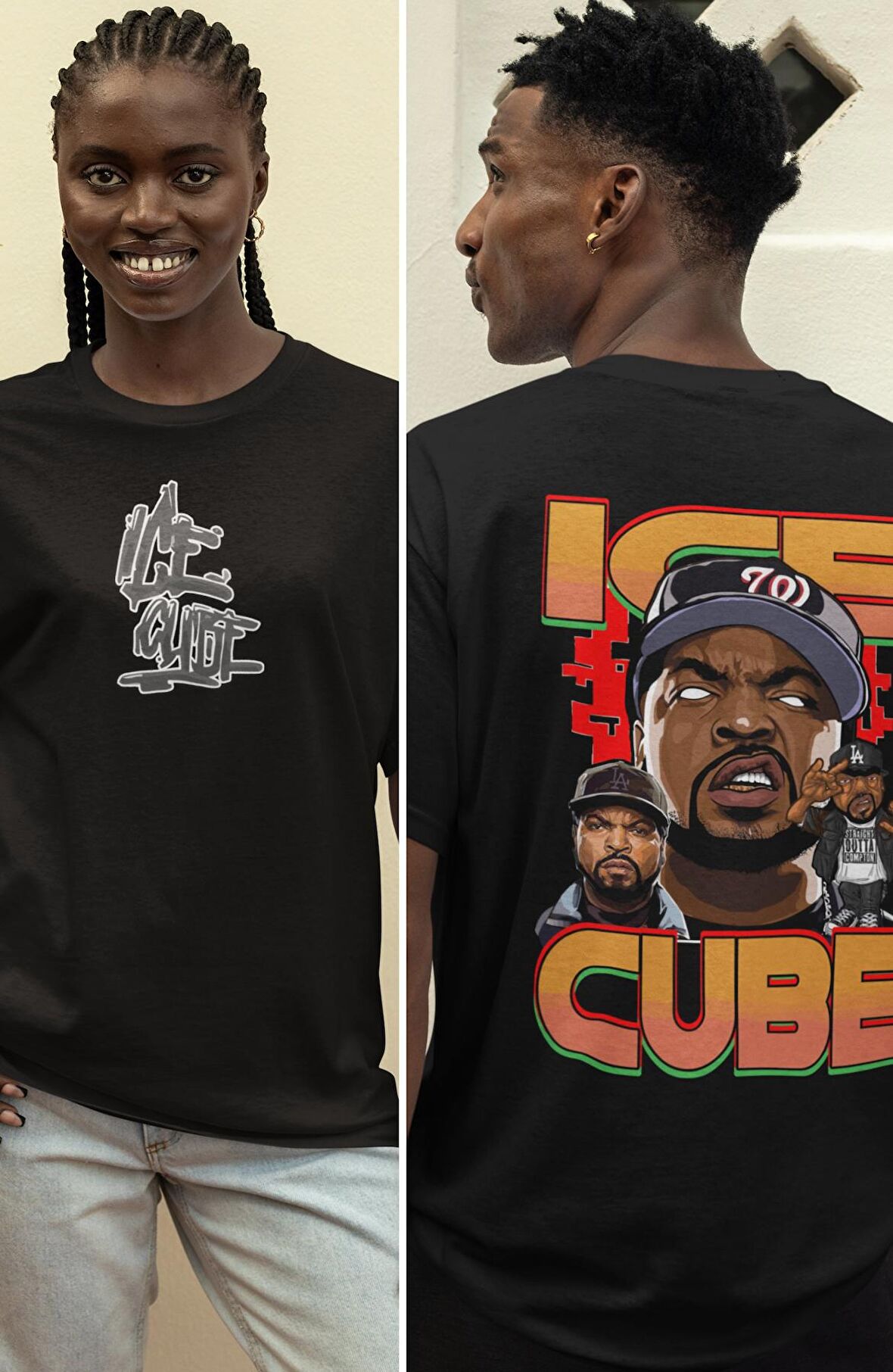 Oversize Ice Cube Graffiti Sırt Baskılı T-shirt, Unisex Rap Music Tişört