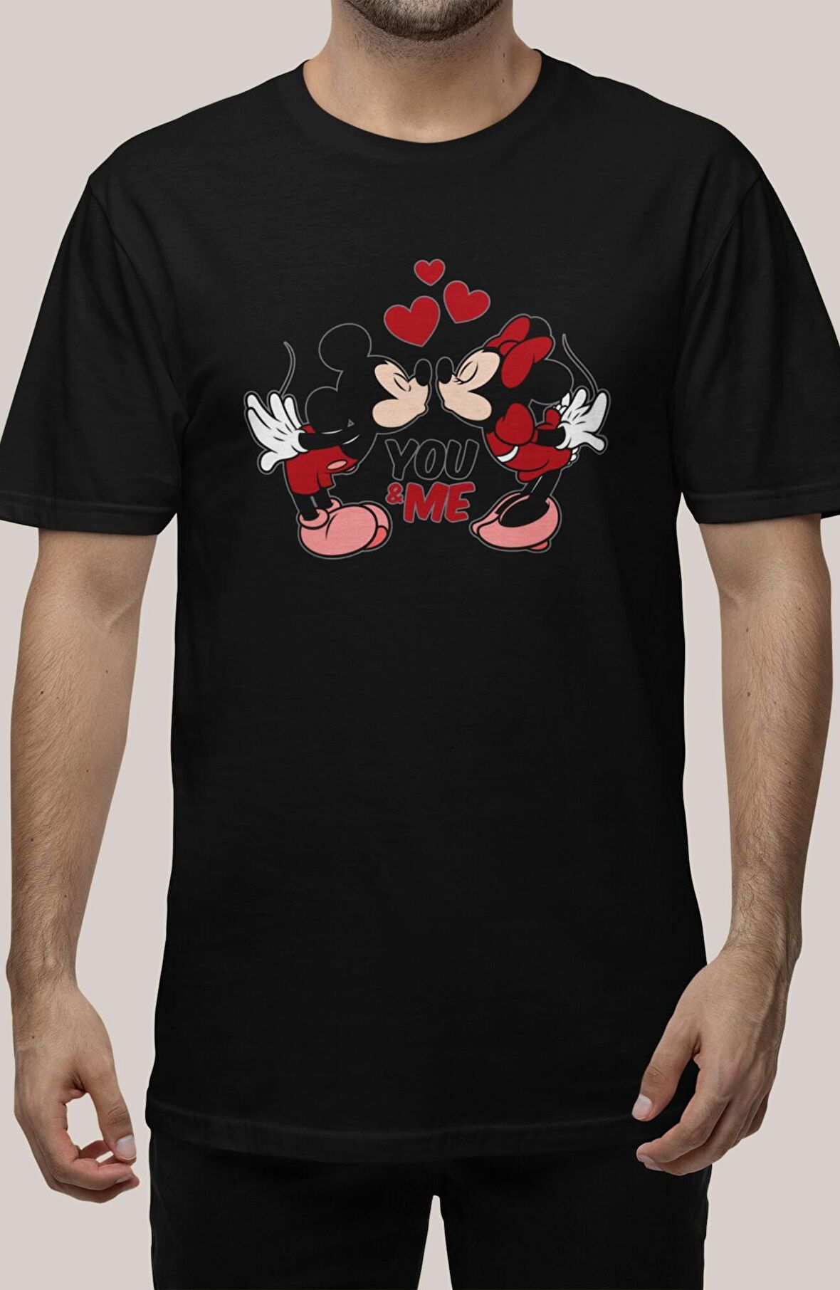 Kalpli Mickey Ve Minnie Mouse Baskılı Çift T-shirt