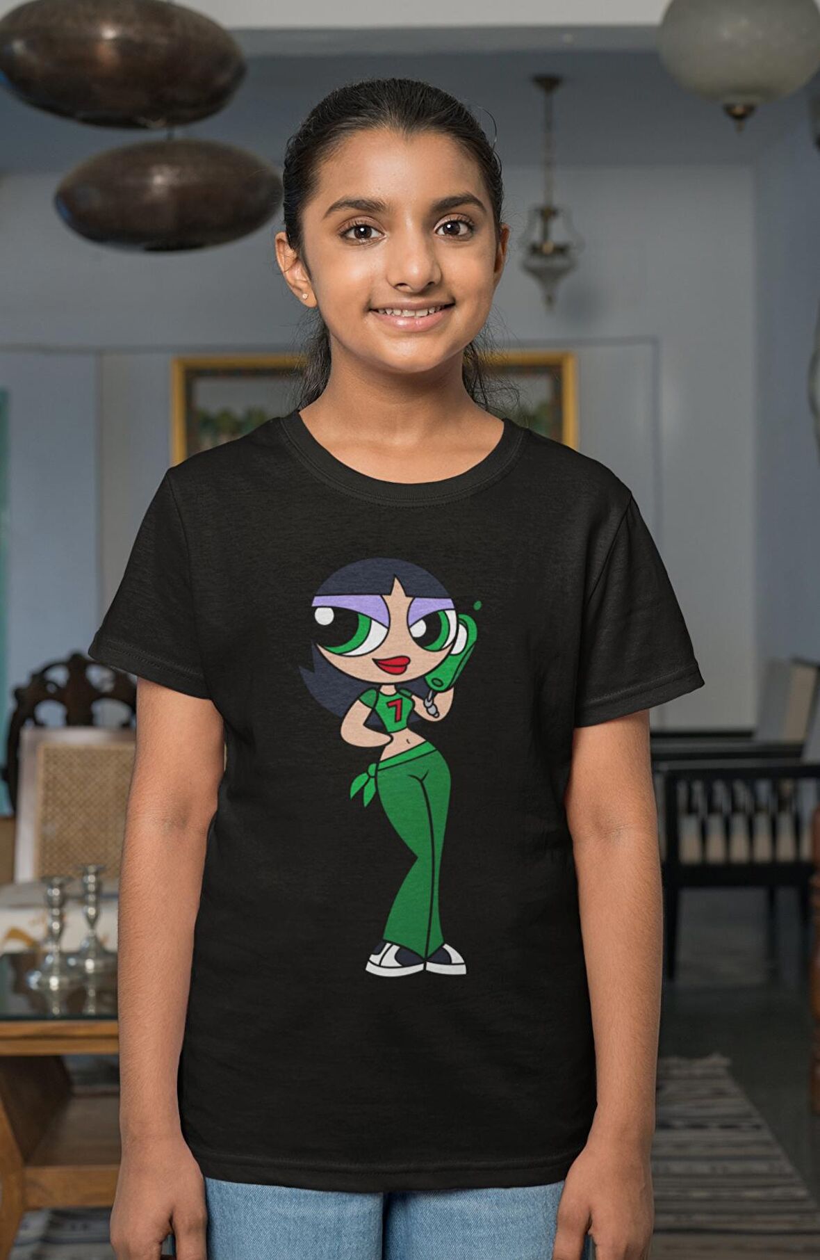 Powerpuff Girls Buttercup Baskılı Kız Çocuk Tişört, Çizgi Film Baskılı Kız Bebek T-Shirt