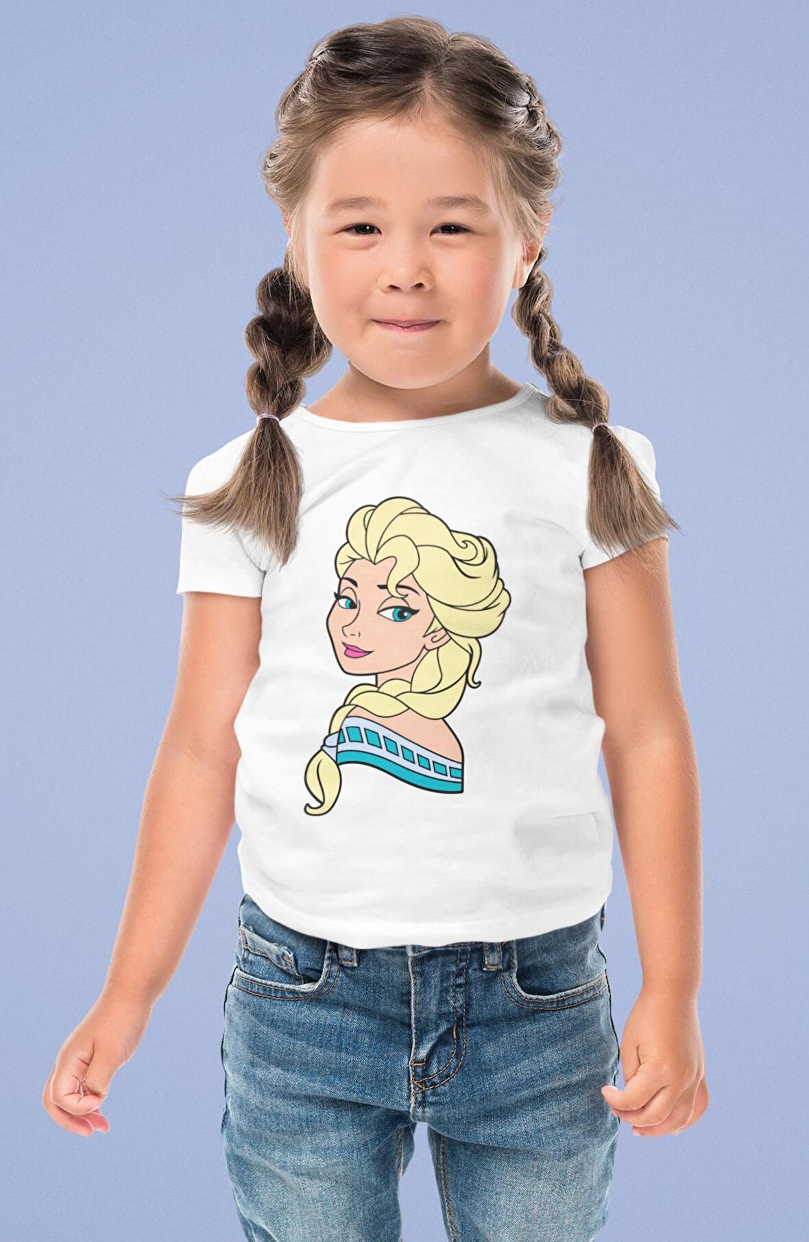 Frozen Elsa Baskılı Kız Çocuk Tişört, Karlar Ülkesi Baskılı Kız Bebek T-Shirt