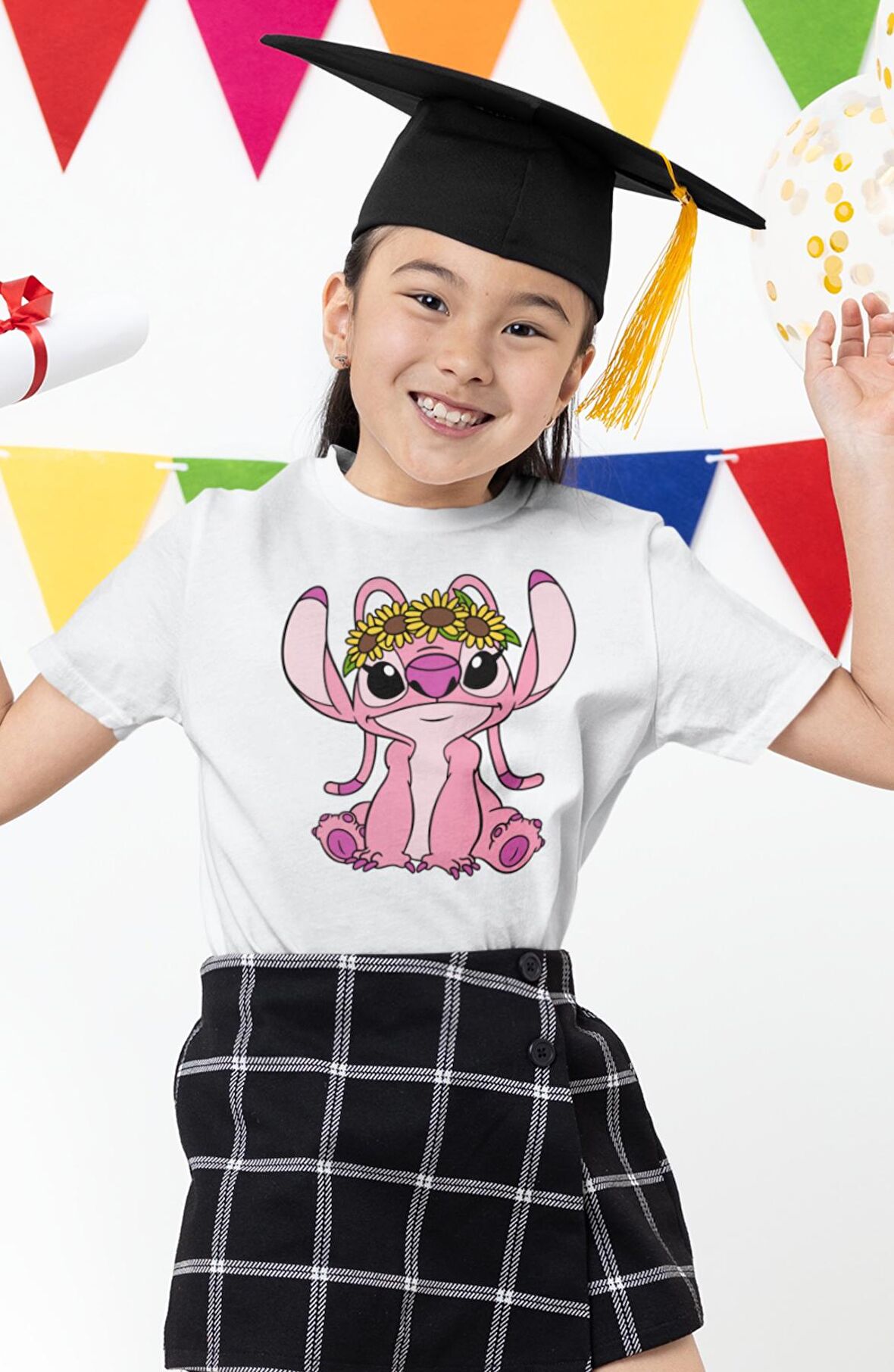 Angel Baskılı Kız Çocuk Tişört, Stitch Angel Baskılı Kız Bebek T-Shirt