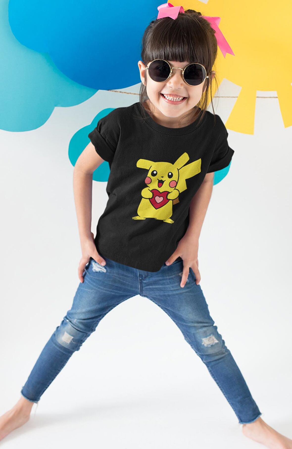 Pikachu Baskılı Çocuk Tişört, Unisex Pokemon Baskılı Bebek T-Shirt