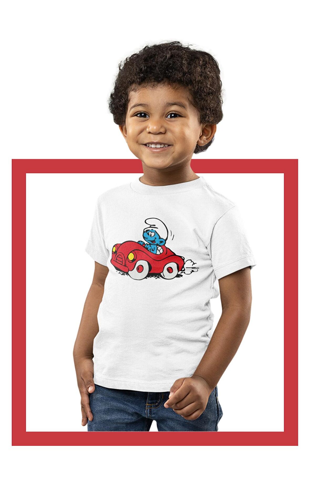 Arabalı Şirin Baskılı Çocuk Tişört, Unisex Şirinler Baskılı Bebek T-Shirt