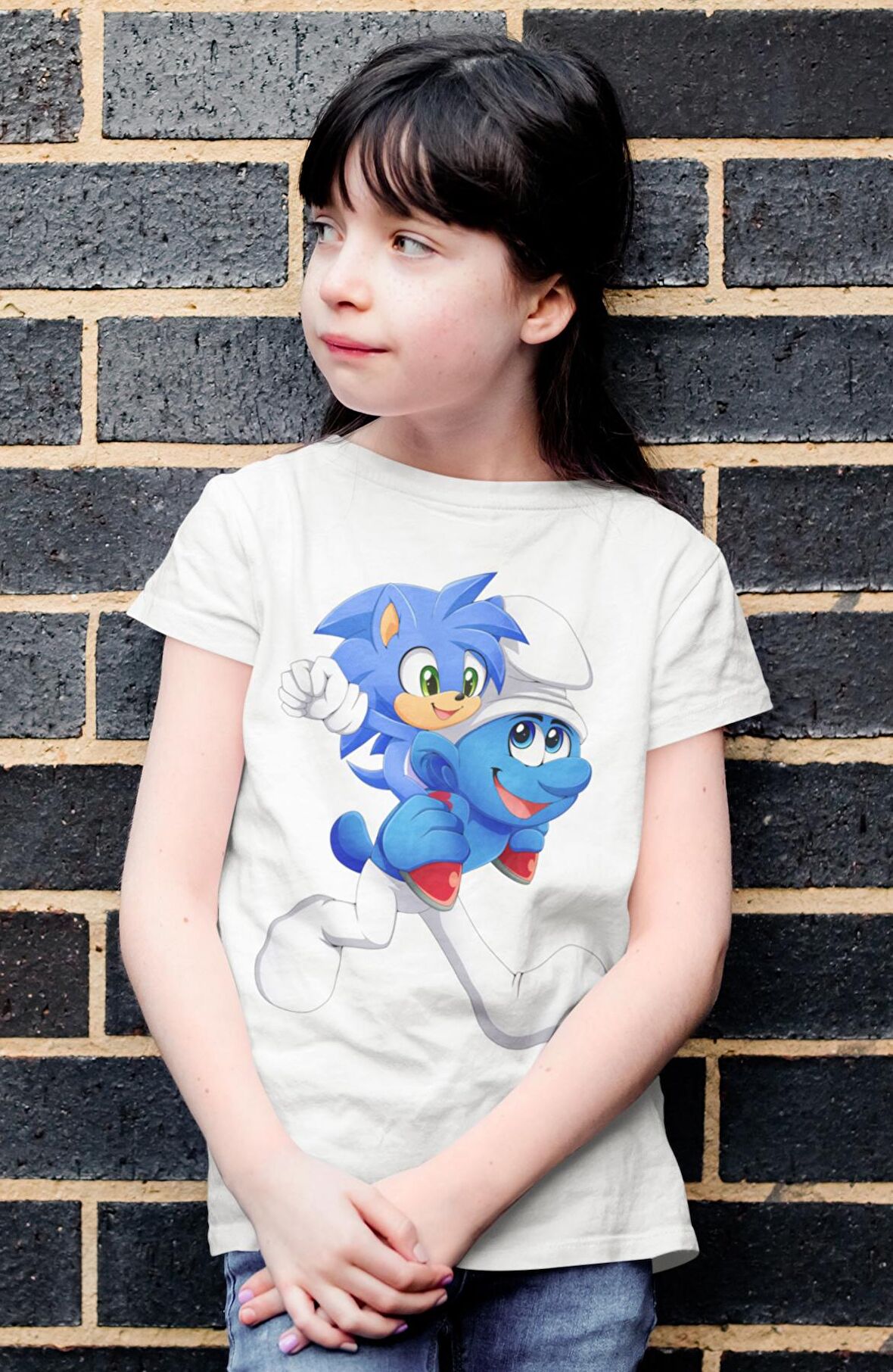 Şirin ve Baby Sonic Baskılı Çocuk Tişört, Unisex Çizgi Film Baskılı Bebek T-Shirt