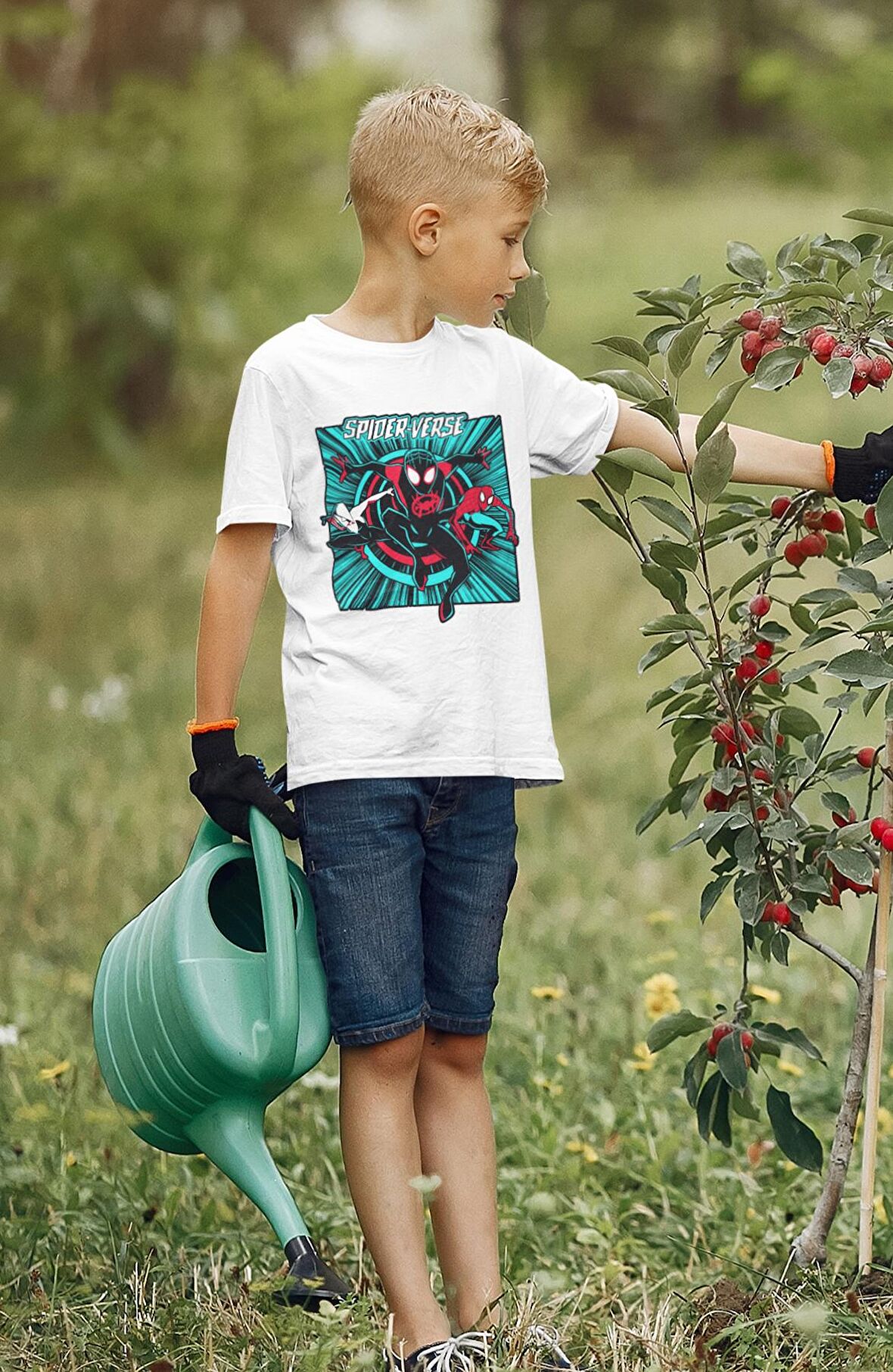 Spider Verse Baskılı Çocuk Tişört, Unisex Örümcek Adam Baskılı Bebek T-Shirt