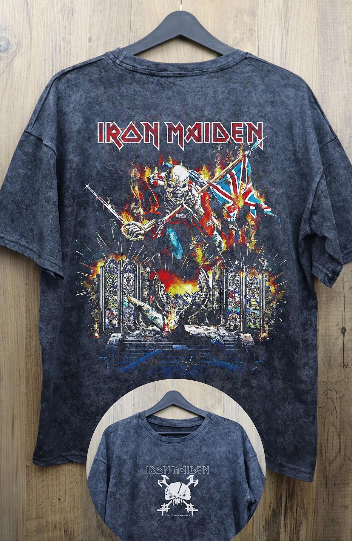 Unisex Iron Maiden Sırt Baskılı Yıkamalı Tişört, Oversize Rock-Metal Baskılı Retro T-Shirt