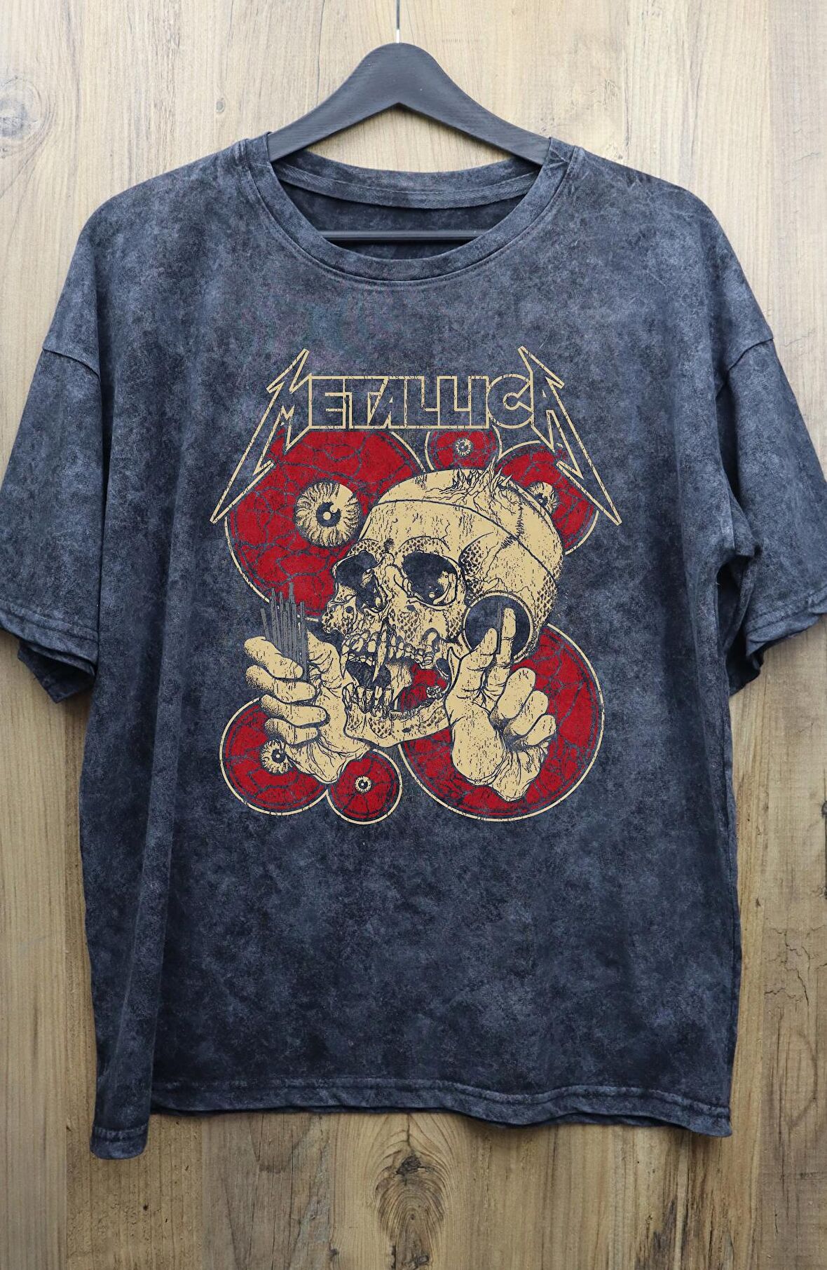 Unisex Metallica Baskılı Yıkamalı Tişört, Oversize Rock-Metal Baskılı Eskitme T-Shirt